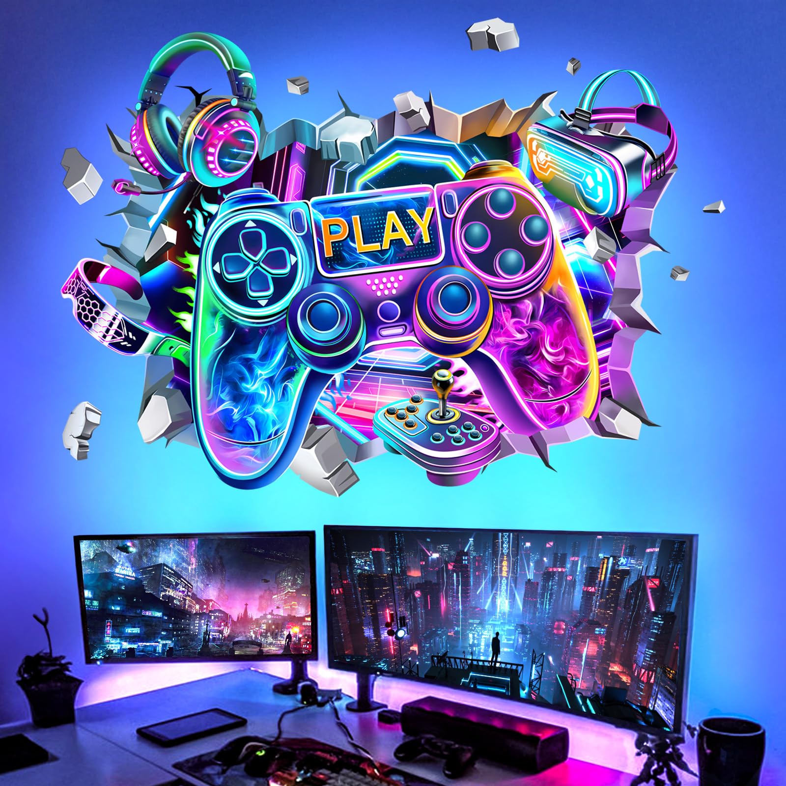 decalmile Large 3D Game Wall Decals Video Gaming Gamer Controller Joystick Wall Stickers Boy Bedroom Teenagers Playroom Wall Decor - Image 2