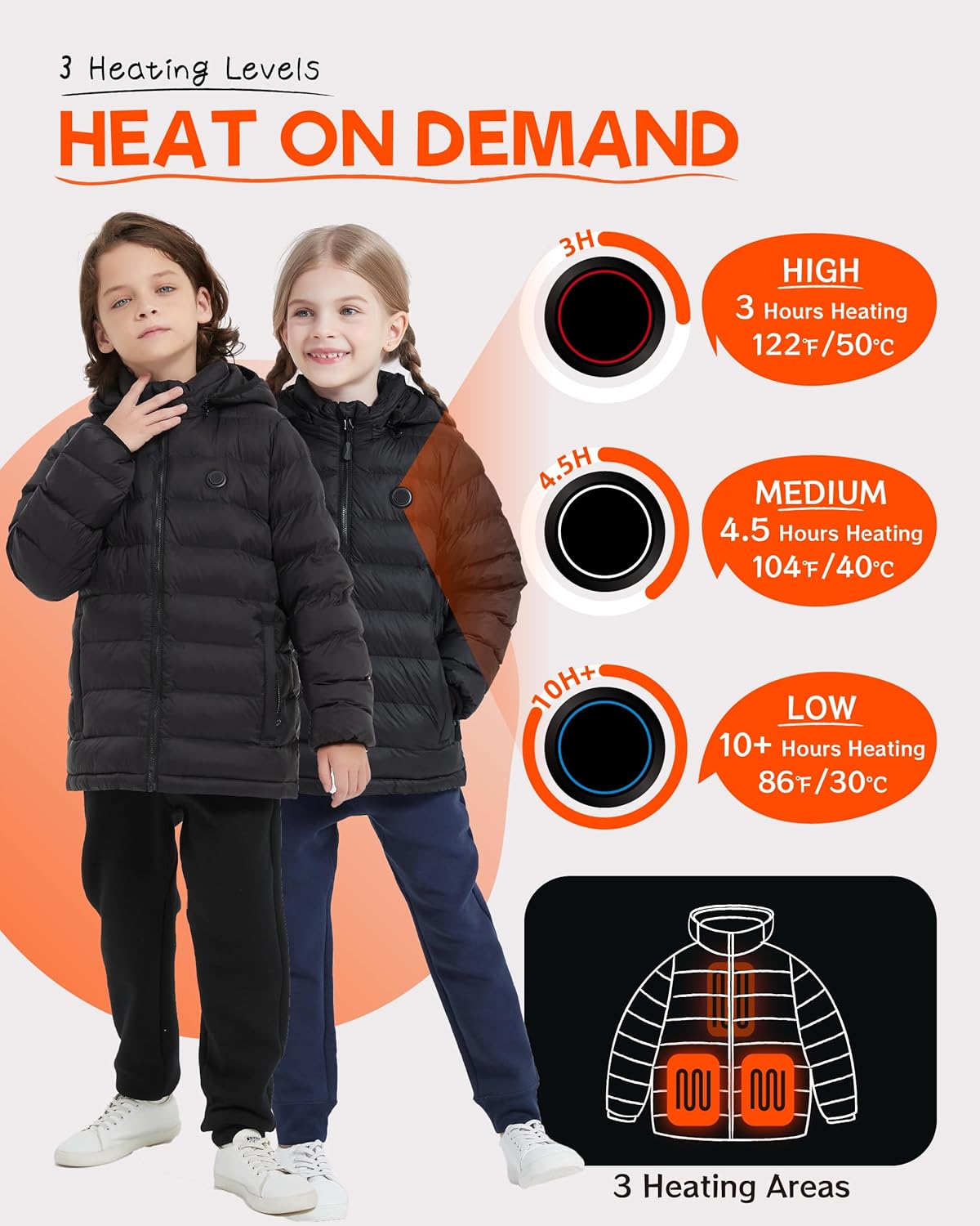 HEWINZE Kids Heated Jacket,Lightweight Water-Resistant Hooded Puffer Heated Coat for child with 5V Battery Pack（Unisex） - Image 2