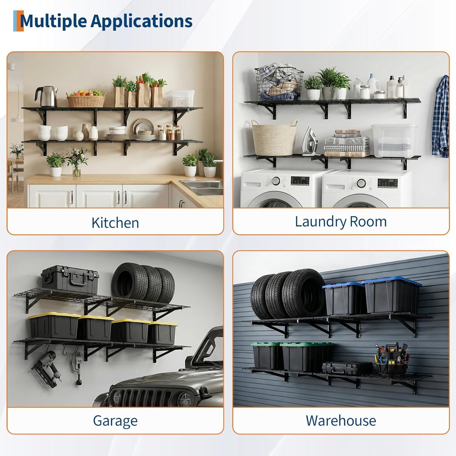 TROPOW 4 Pack Heavy Duty Garage Wall Shelving, 2x3ft Wall Mounted Storage Shelves, 1400 LBS Capacity Floating Shelves, Metal Storage Rack for Garage, Shop, Shed, Black
