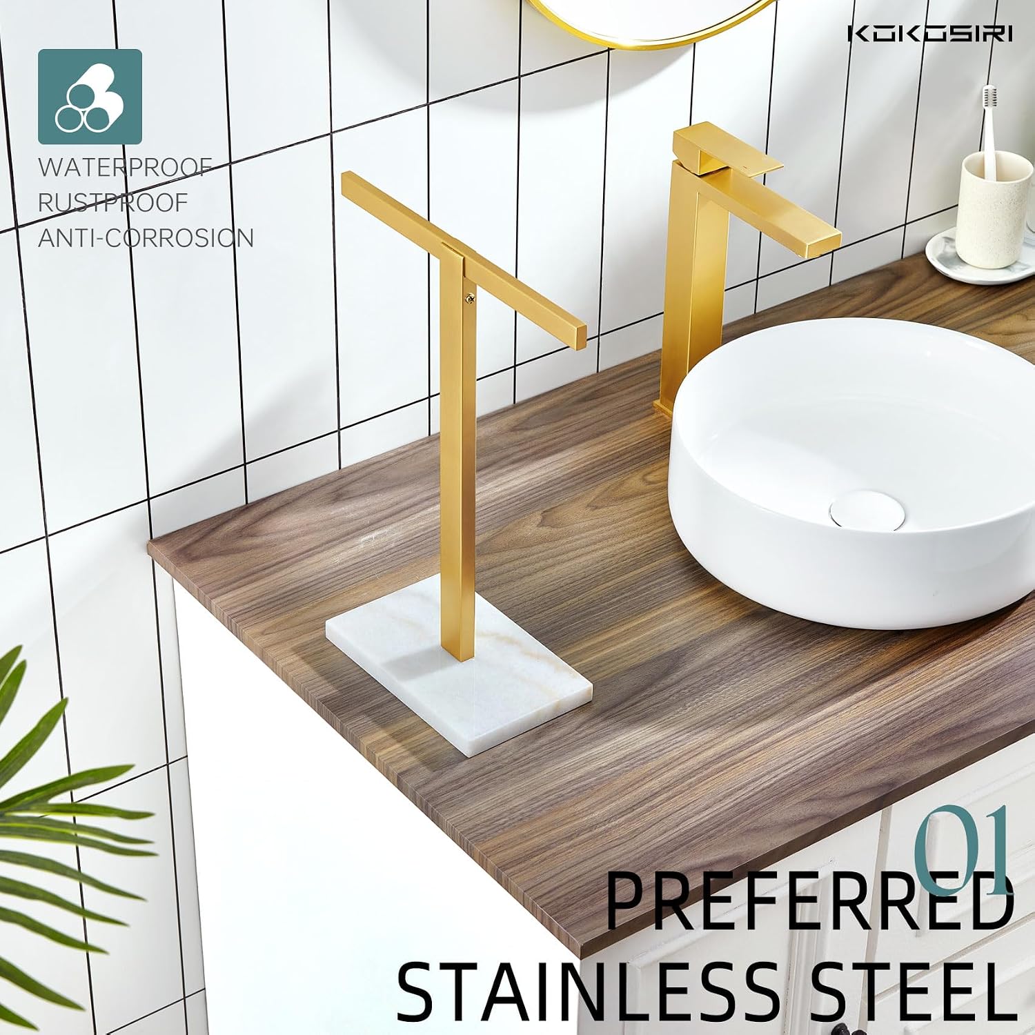 KOKOSIRI Hand Towel Holder Stand Towel Rack with Marble Base for Bathroom Kitchen Vanity Countertop, Gold Stainless Steel 15.7'' Height THS0002-SM-BG image 4