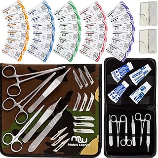 Sutures Thread with Needle (Dissolvable and Non-Dissolvable) Plus Tools - Surgical Stitch Kit, Medical, Veterinary, RN's Hospital Training, Emergency First Aid Demo Kit, Outdoor Practice (49PK)
