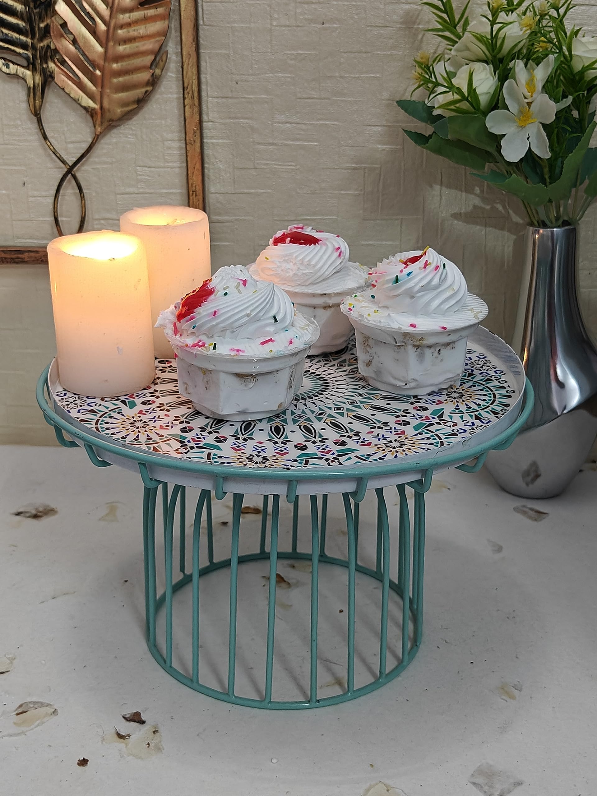 Dream Deco Metallic Cake Stand with Plate | Dessert Stand with Printed Design Plate| Fruit Stand (25x25x15 cm) for 1 Pound Cake only