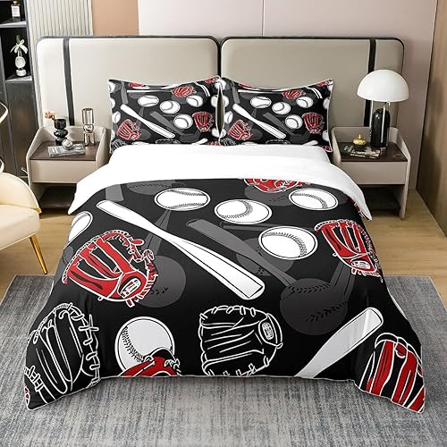 Erosebridal - Juego de funda de edredón 100% algodón con diseño de béisbol, tamaño individual, juego de ropa de cama de sóftbol, bate deportivo para
