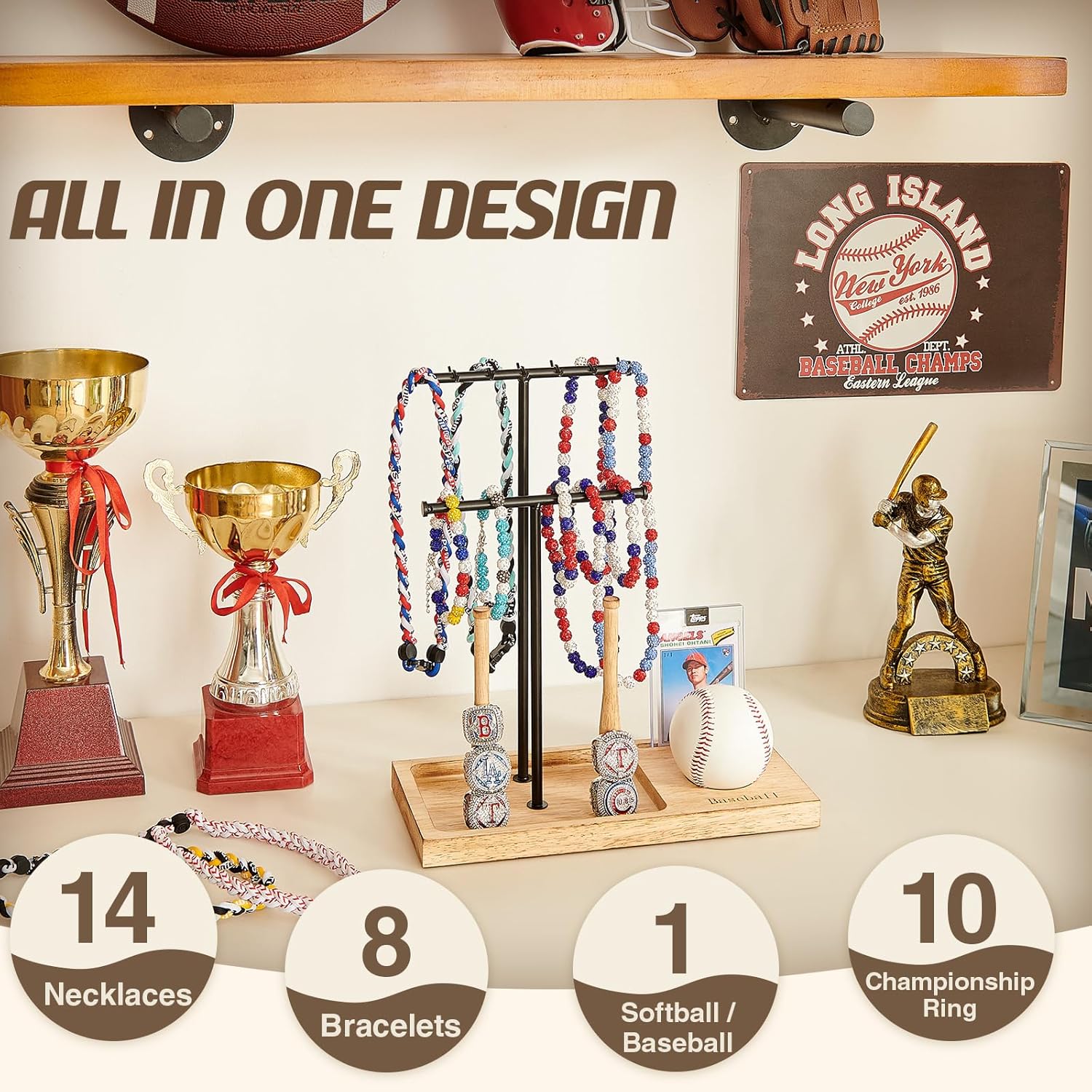 Pinzoveco Wooden Baseball Drip Necklace Organizer Holder,3 Tier Baseball Display Stand with 14 Hooks, Championship Ring Display Holder, Sports Ring Holder, Necklace Baseball Display Gift - Image 2