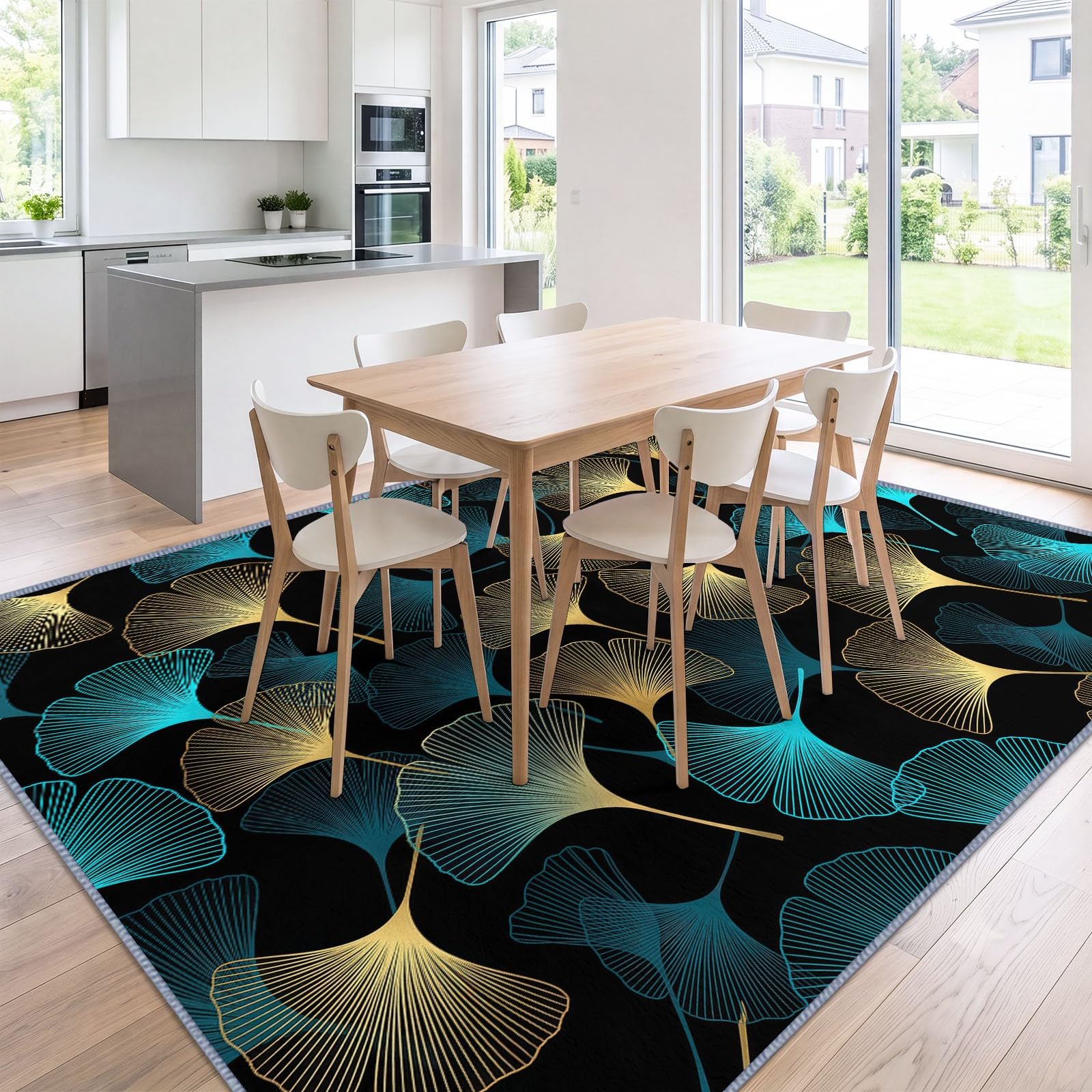 Waschbarer Wohnzimmerteppich 180 x 240 cm Abstrakt Fächerförmig Pflanze Ginkgoblatt Flauschig Weich Teppiche, Gelb Blau rutschfest Pflegeleicht Teppiche für Wohnzimmer Schlafzimmer Kinderzimer