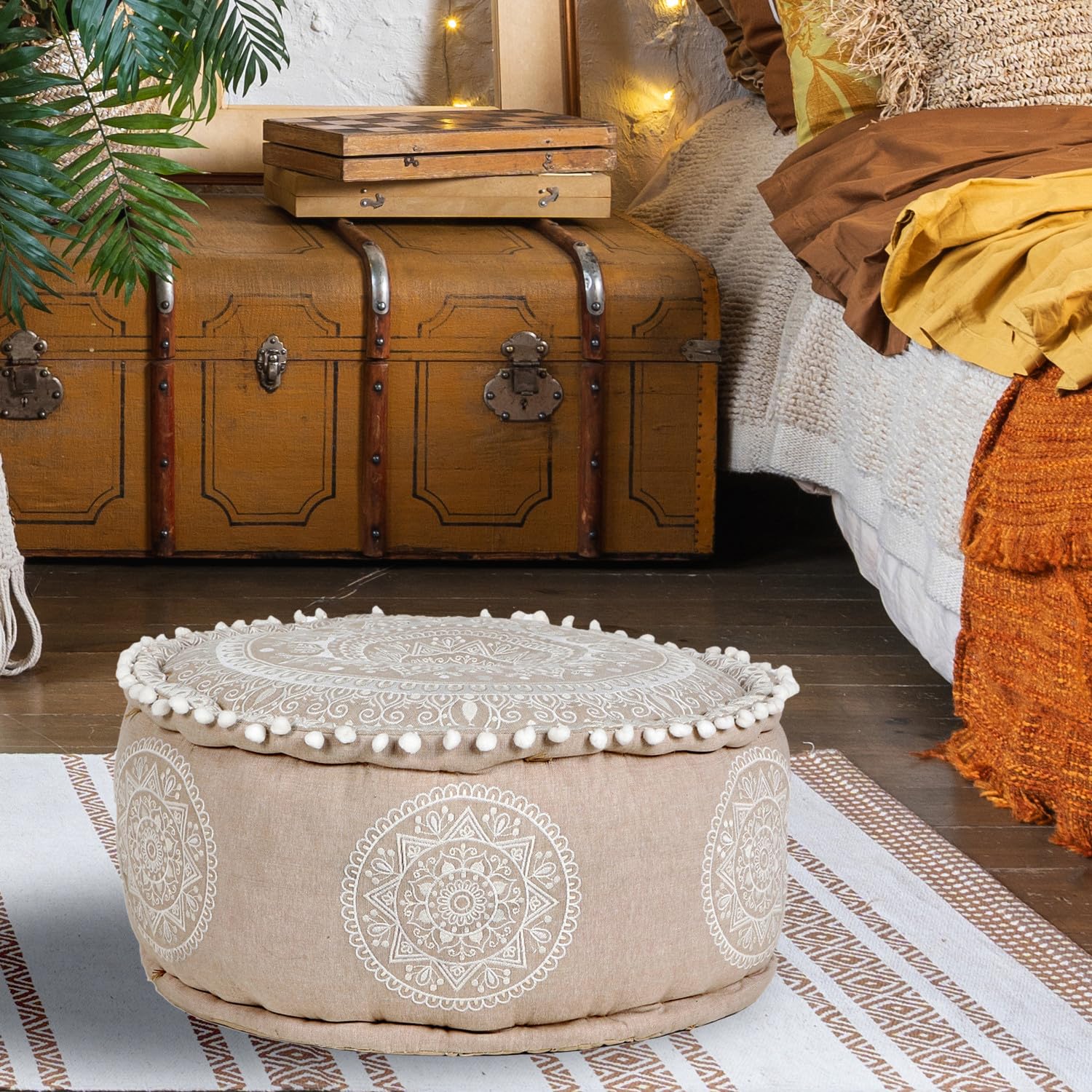 Boho Pouf Donia handgefertigt aus Baumwolle in Beige 50 cm handgemacht