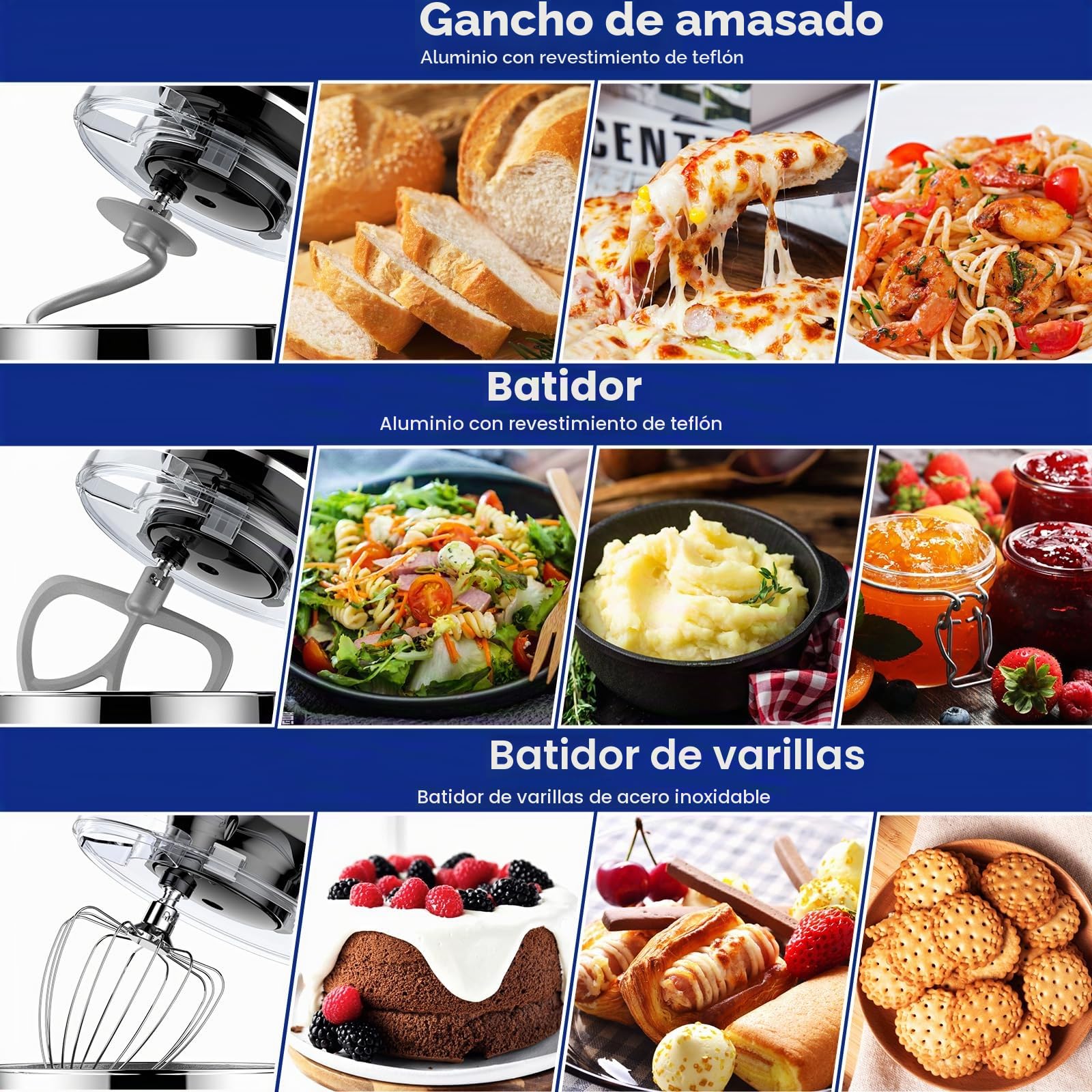 Batidora Amasadora 1500W 8L Amasadora Reposteria 6 Velocidades Robot de Cocina Pantalla LCD & función de fermentación con Amasador, Batidor, Varillas y Protección para Salpicaduras (negro)