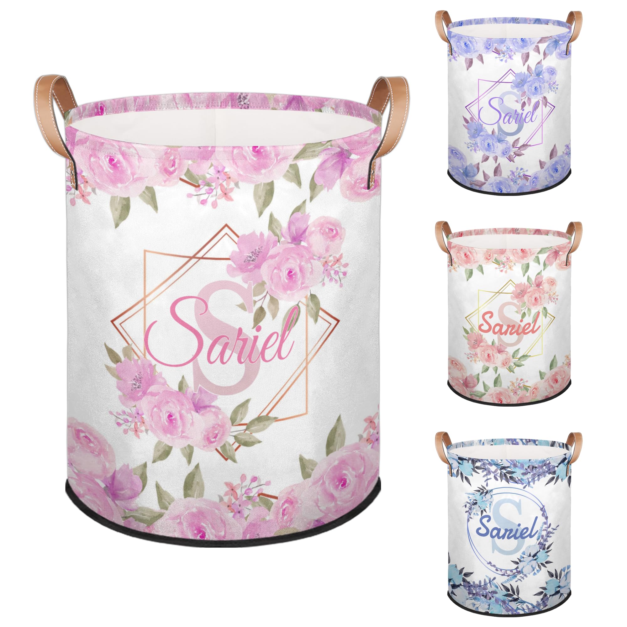 Collapsible Laundry-Hamper,Personalized Laundry Baskets with Handles Waterproof Pink Flower Storage-Basket Decor Gifts for Baby Bedroom
