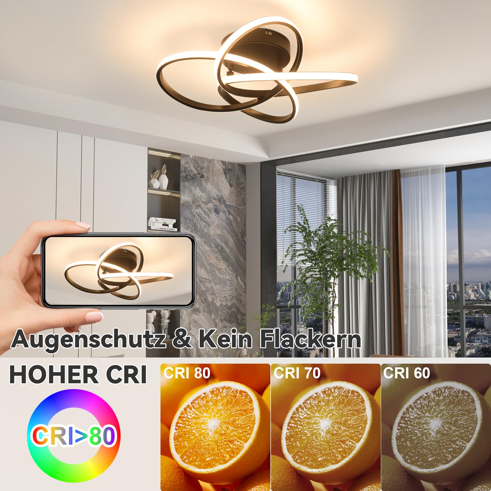 Homefire LED Deckenleuchte Wohnzimmer Deckenlampe Schwarz 46W Dimmbar | Modern Blume Design Wohnzimmerlampe mit Fernbedienung, Metall+Silikon Küchenlampe, Schlafzimmer Deckenleuchten für Küche Flur