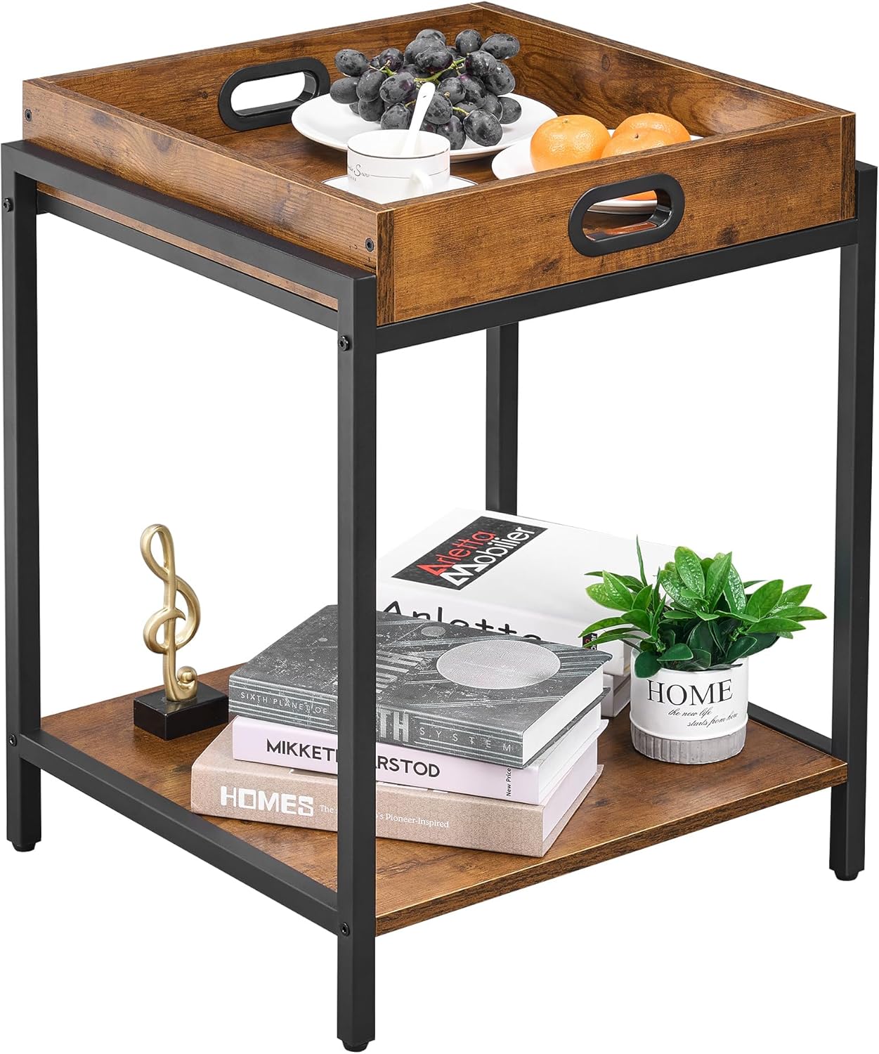 BEWISHOME End Table with Removable Serving Tray, Small Side Table, Tray Table, Industrial