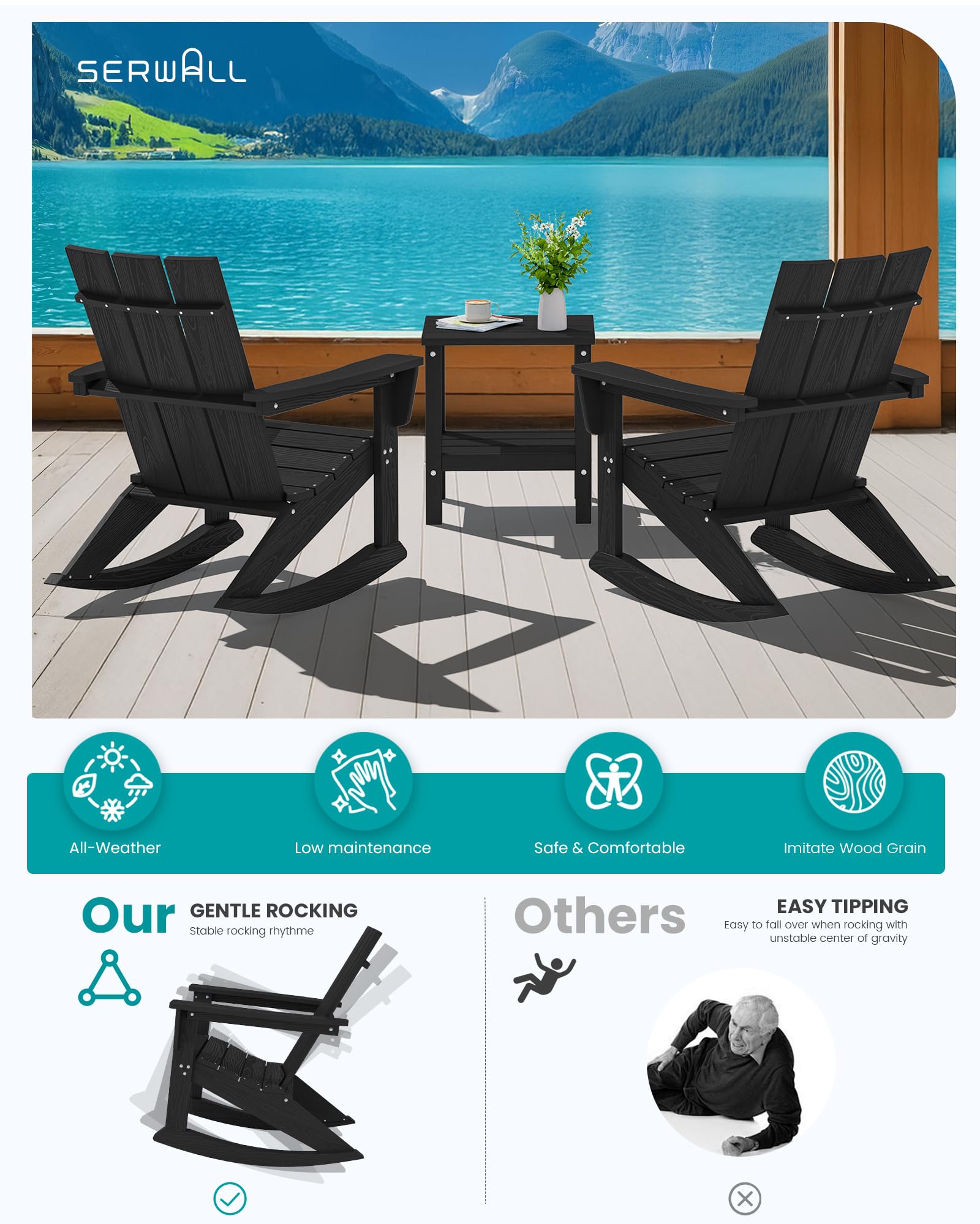 SERWALL Modern Adirondack Rocking Chair All-Weather HDPE