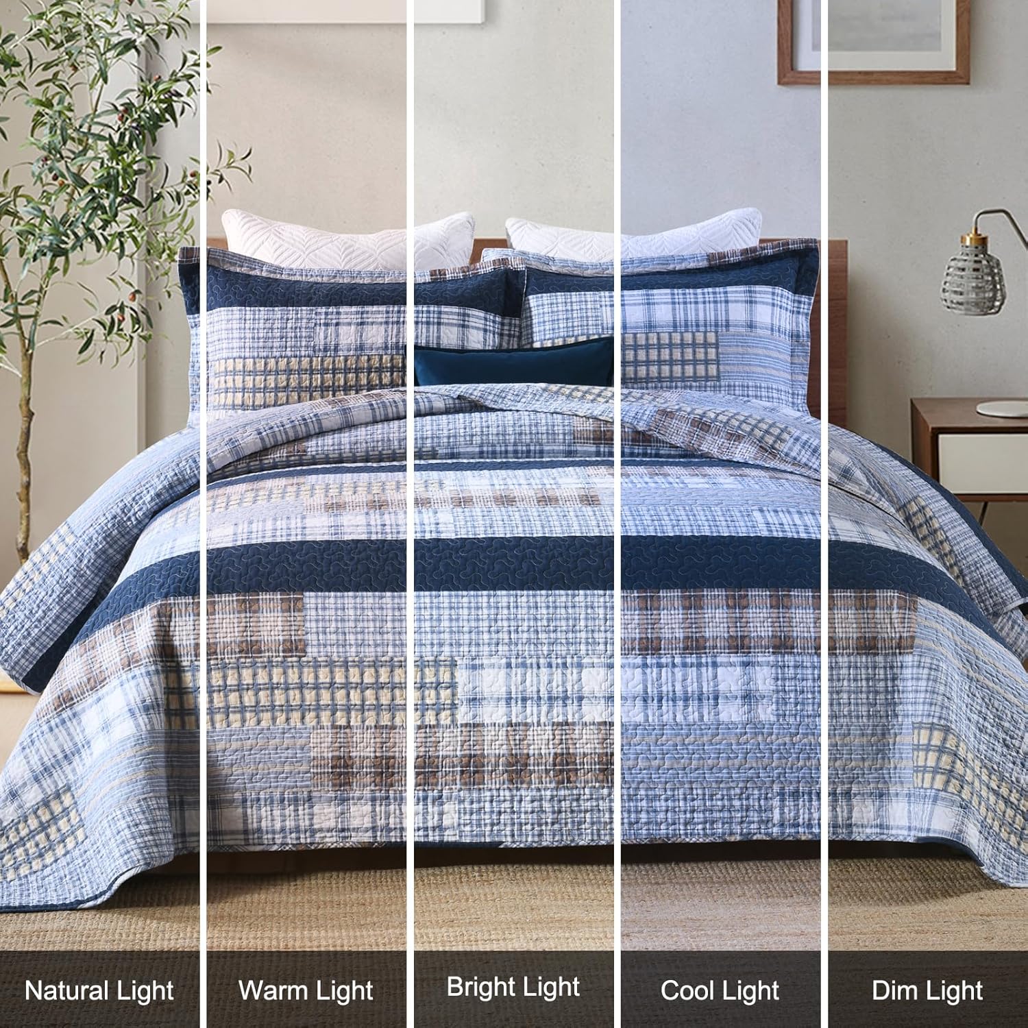 PANGUSHAN Quilt Set King Size, 100% Cotton Quilt Bedding Set Bedspreads, Patchwork Plaid Farmhouse Reversible Lightweight Comforter Bed Spread for King Bed, Blue, 3 Pieces - Image 7