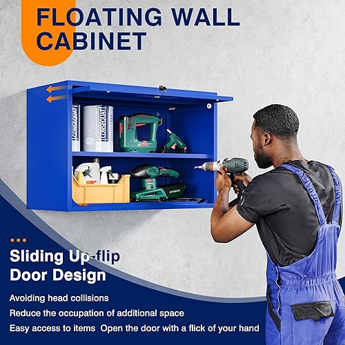 Vista 33 de Yizosh Armario de garaje de metal con puertas, armario de almacenamiento montado en la pared, gabinete de herramientas flotante para sótano, cocina