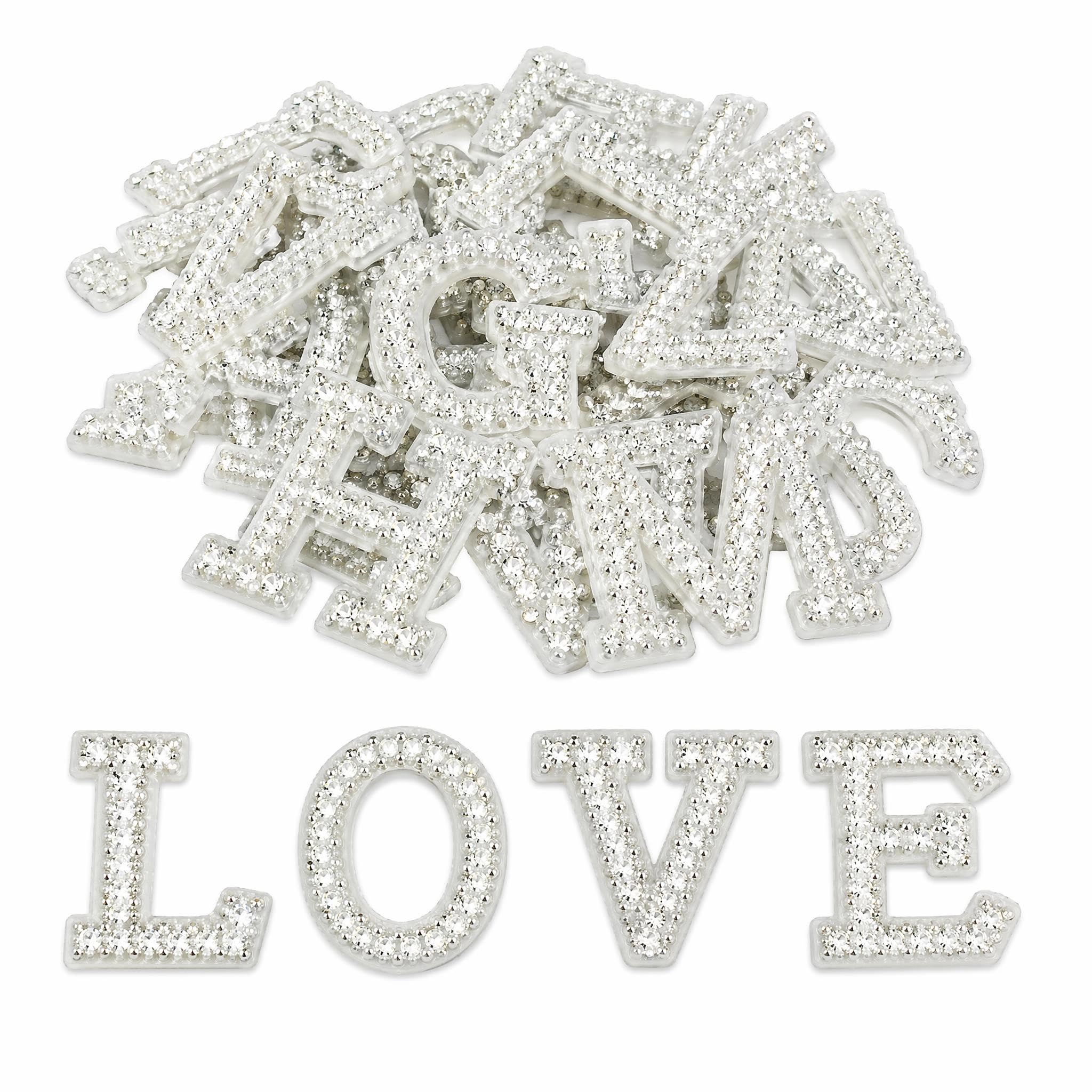 OZGUGU 52Pcs A-Z Pearl Rhinestone Alphabet Patches, Self-Adhesive Stick On Letter Appliques for Clothes, Backpack and Fabric Decoration
