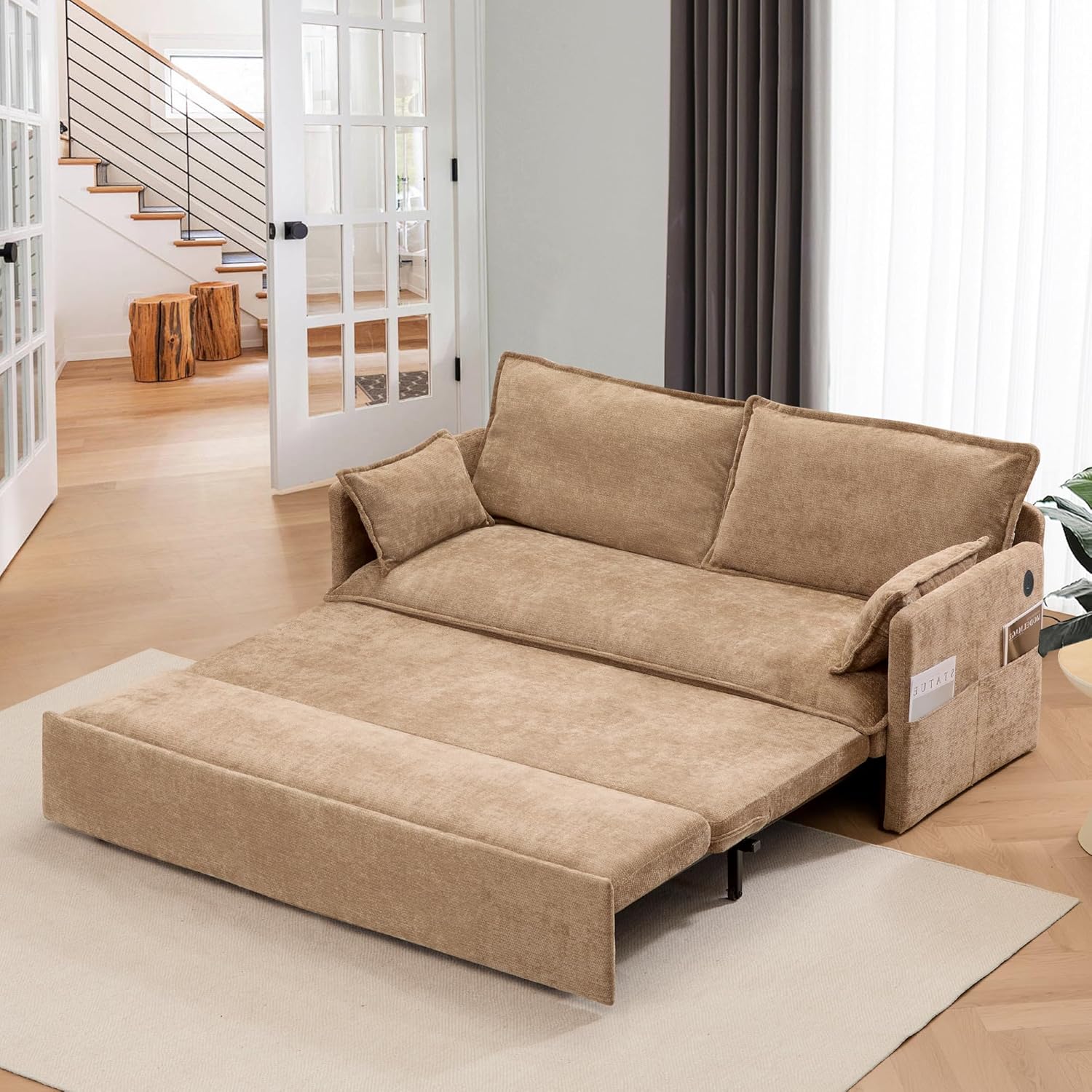 SUNWAVE 60" Queen Pull Out Sofa Bed, 2-in-1 Convertible Sleeper Couch for Small Spaces, Chenille Loveseat with USB & Type-C Ports, Space-Saving Sofa Bed Couch for Office, Bedroom (Brown)