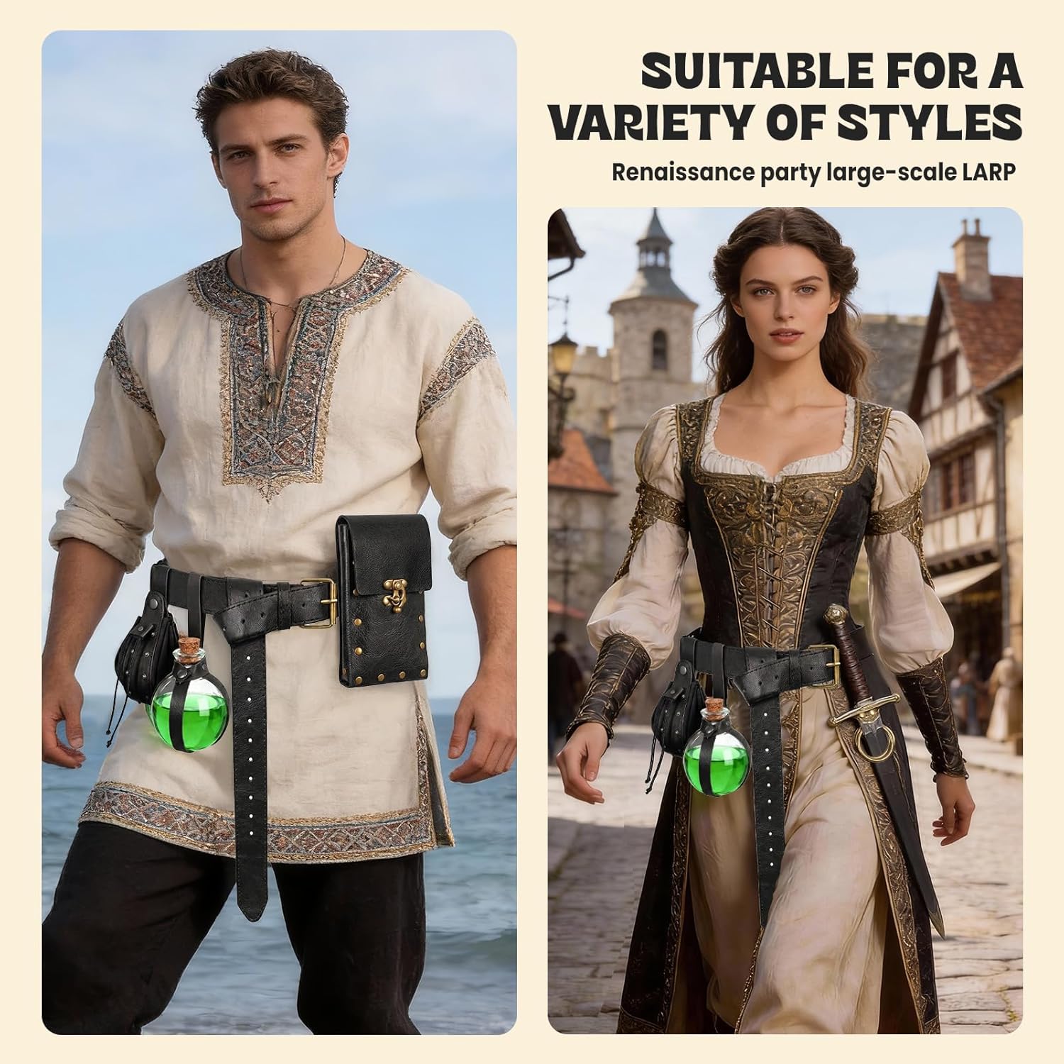Renaissance Belt Pouch Medieval Viking Pirate Leather Bag Potion Bottle Set Skirt Hike Halloween Cosplay Costume Accessorie (Bottle 2Pouch-Black, Belt Pouch)
