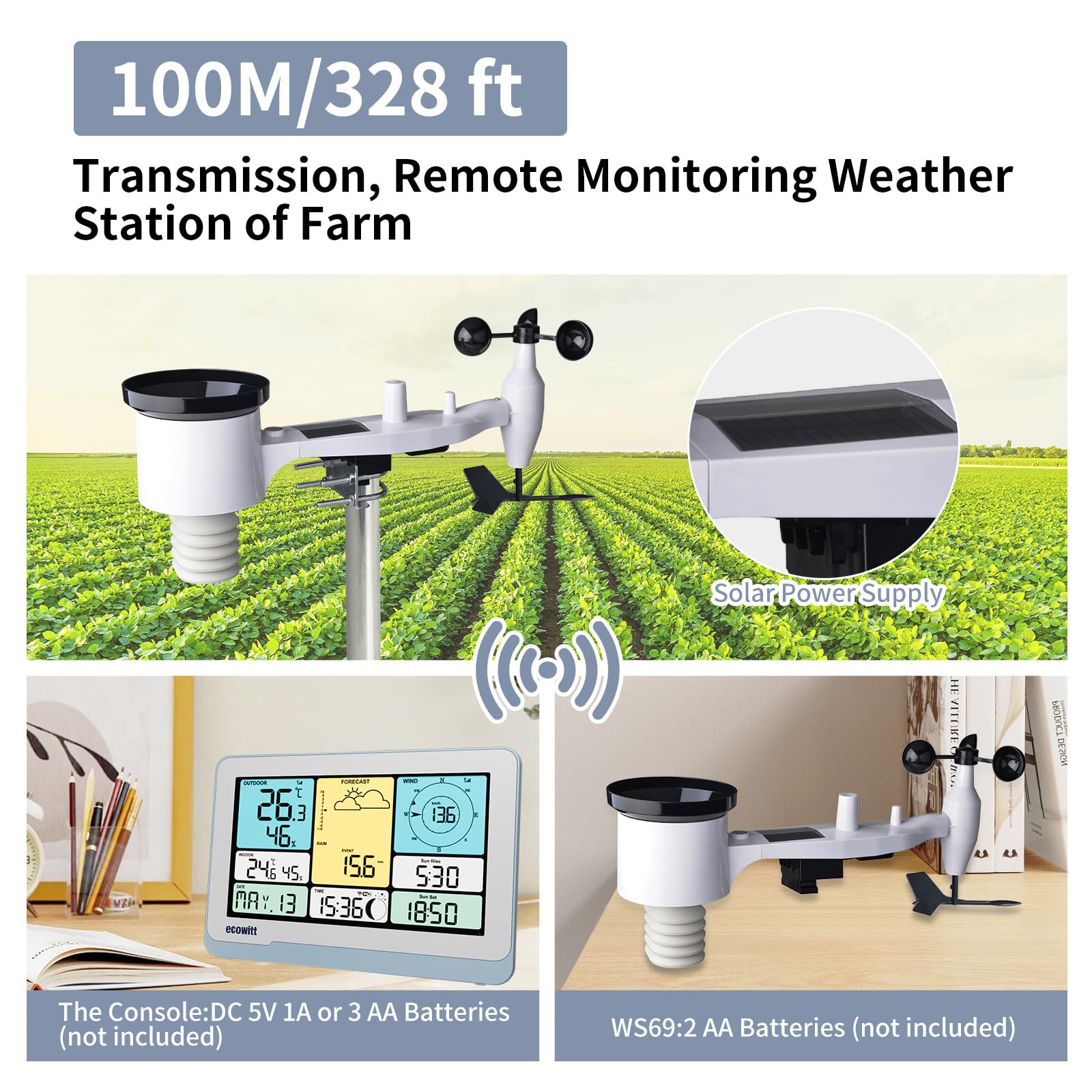 ECOWITT Stacja pogodowa z czujnikiem zewnętrznym WS3820, 7 w 1, energia słoneczna, Wifi dom pogoda czujnik zewnętrzny WS69, 7,5 ogród, bezprzewodowy, kolorowy wyświetlacz LCD do wnętrz