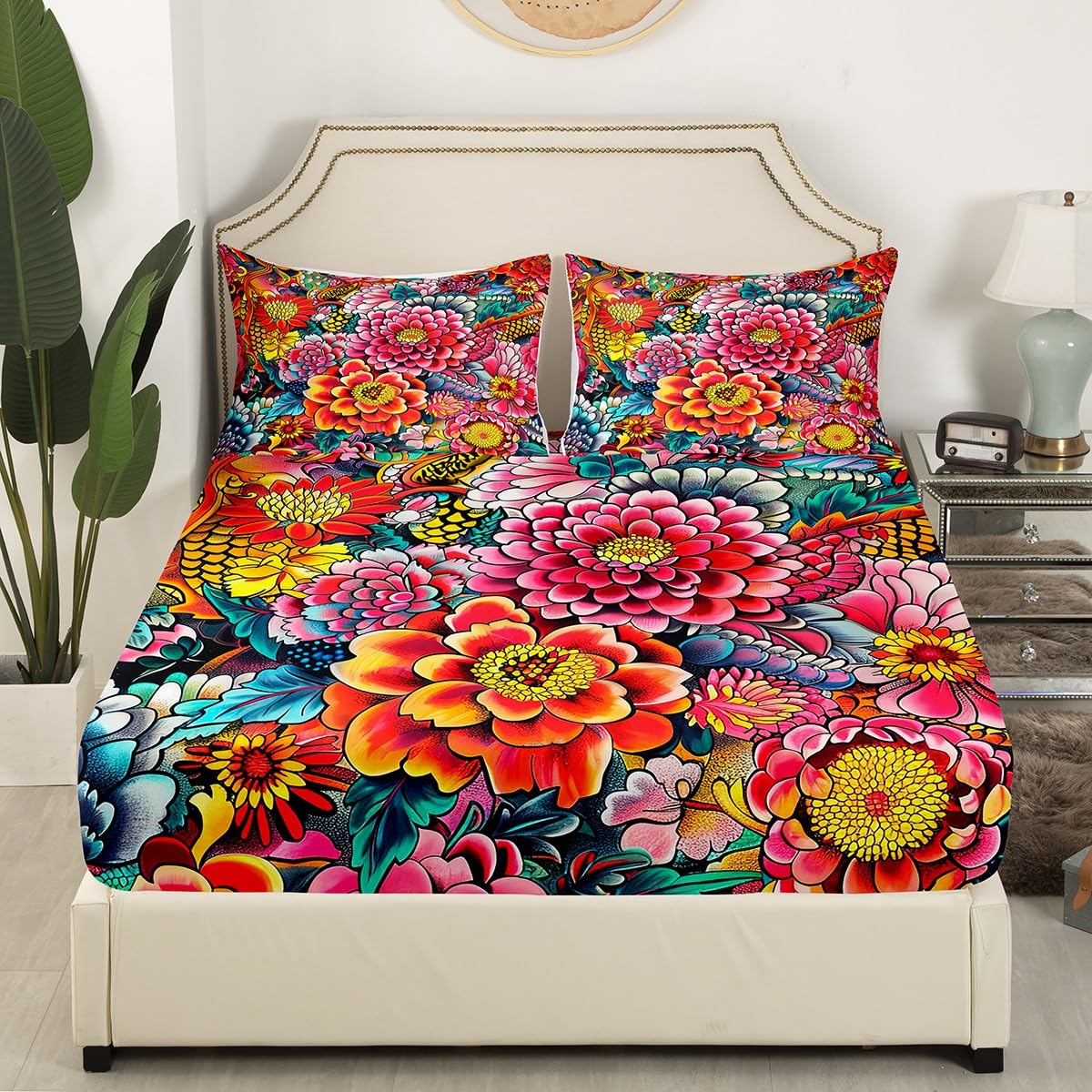 Queen-Size Bettwäsche-Set 4-teilig – Weiche Mikrofaser, Buntes Boho-Design, Bis 40 Cm Matratze