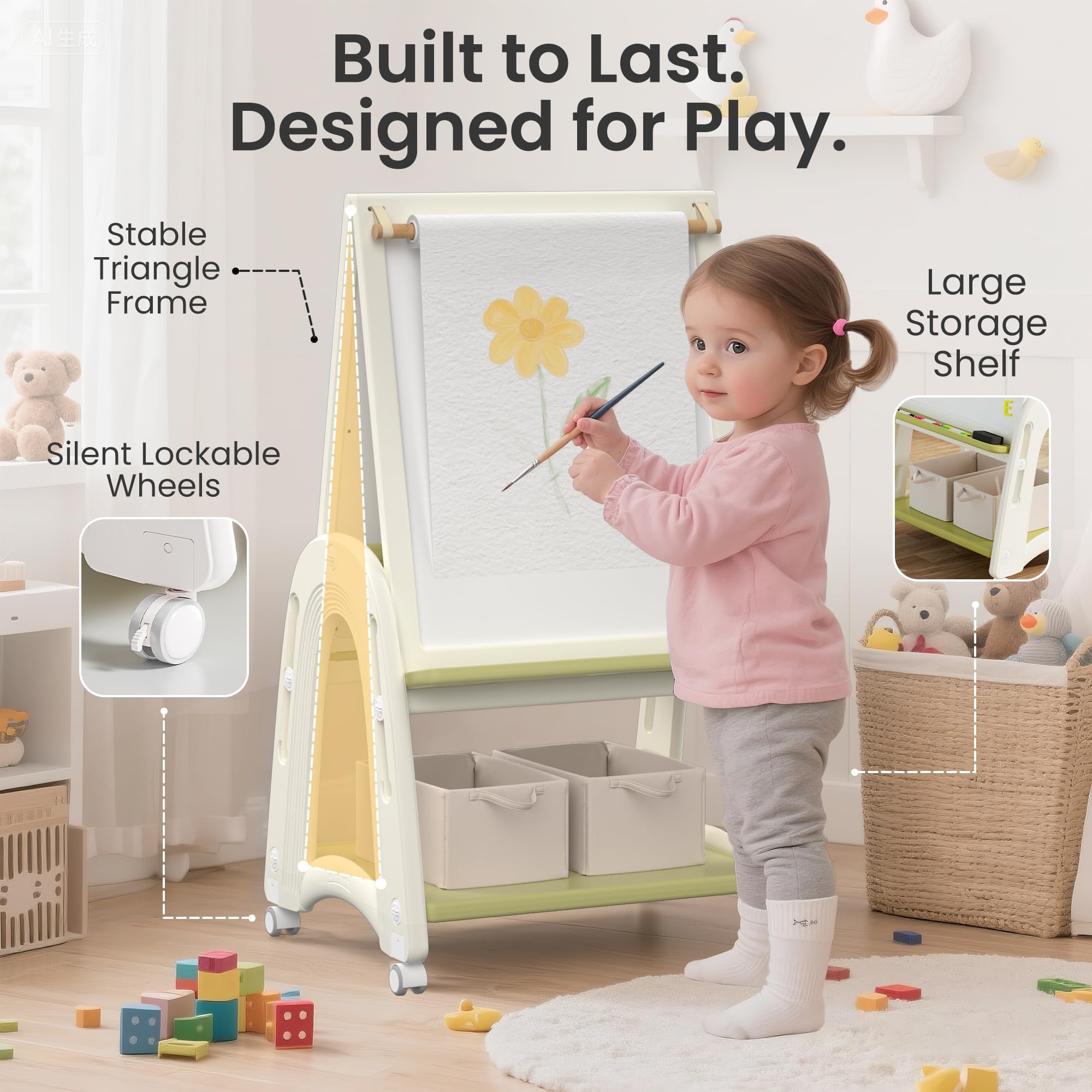 Cavalletto Artistico 3-in-1 per Bambini con Rotolo di Carta, Lavagna Bianca e Lavagna Nera, Altezza Regolabile, Accessori da Disegno Inclusi, Verde