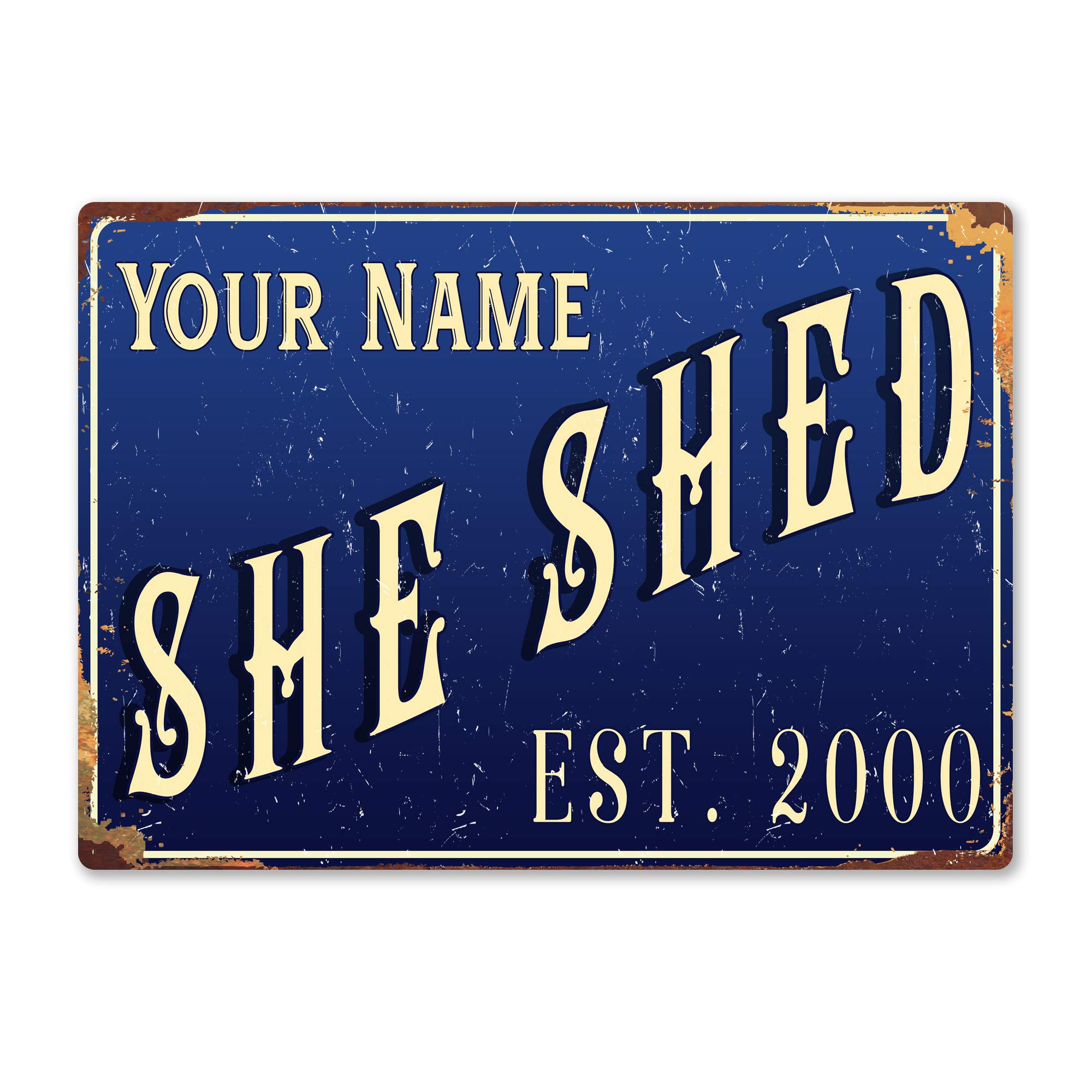 Personalised SHE SHED - Custom Name - Blue – Small Sticky Pads | Printed Metal Wall Sign Plaque