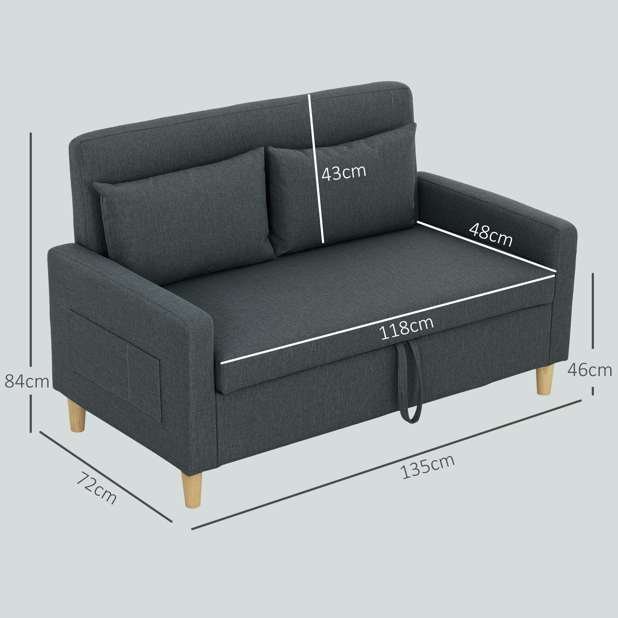 HOMCOM Divano 2 Posti in Tessuto con Braccioli e 2 Cuscini Rimovibili, Divanetto 2 Posti Moderno con Spazio Portaoggetti, Tasche Laterali e Gambe in Legno per Soggiorno e Salotto, 135x72x84cm, Grigio