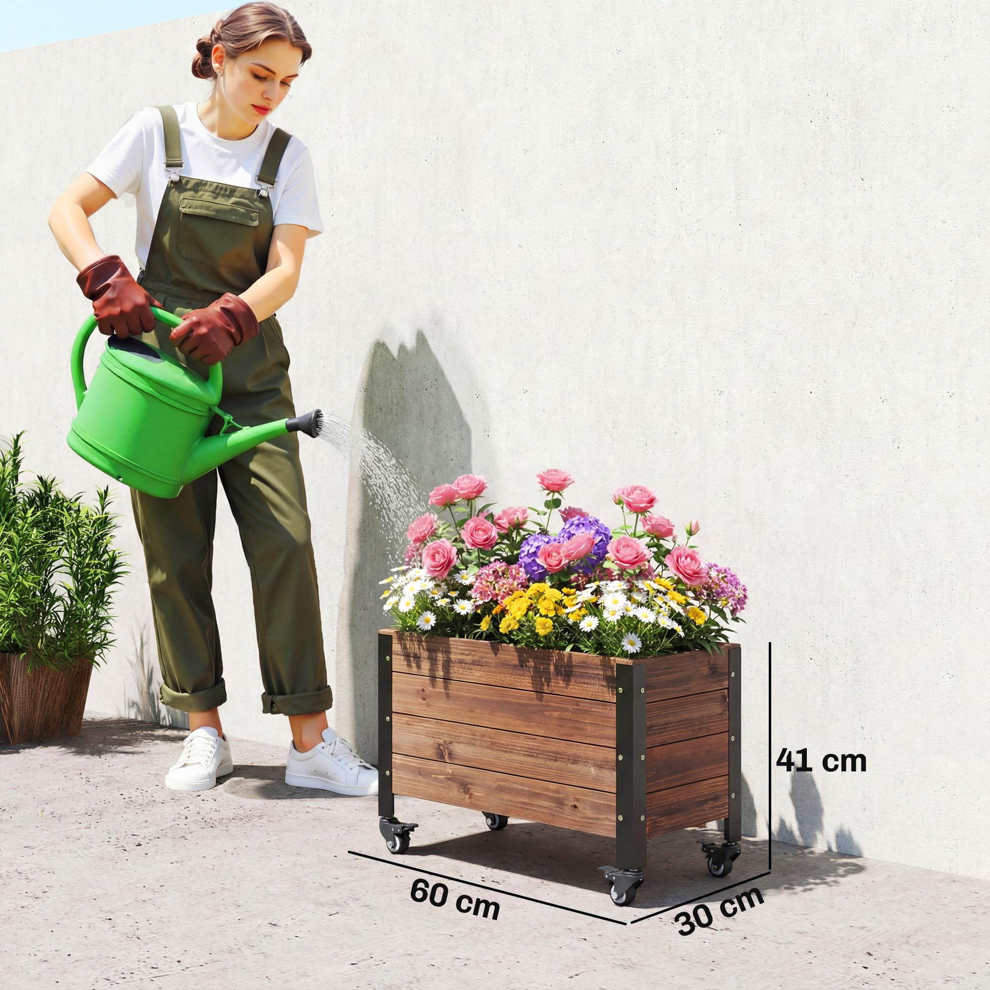 Outsunny Jardinière surélevée en Bois avec Roues, carré Potager de Jardin rectangulaire, Pot de Fleurs extérieur pour Herbes aromatiques et légumes, 60 x 30 x 41 cm, Marron