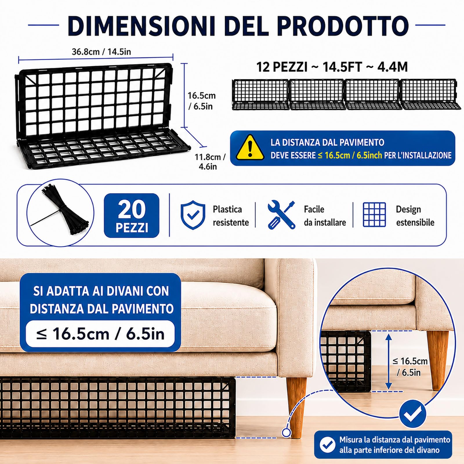 12 Pezzi Blocca Giocattoli Divano per Animali, Blocca Giocattoli Regolabile Sotto Letto & Sofà, Barriera Plastica per Fessure, Protettore Mobili con 20 Fascette