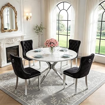 47in Round Dining Table Set for 4, MDF Top with Marble Pattern, High Gloss Stainless Steel Base, 5-Piece Round Kitchen Table Set with 4 Chairs, Silver White Circular Dining Room Table Set for 4