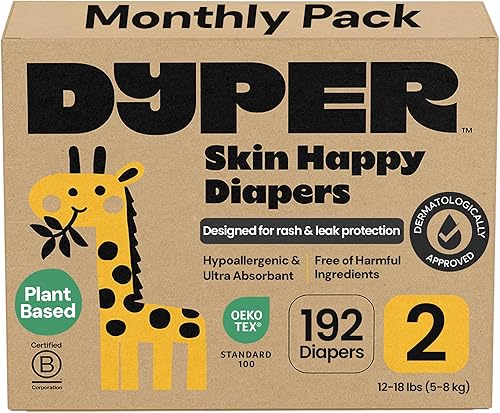 DYPER Paquete mensual de pañales para bebé, tamaño 2 (192 unidades) - A prueba de fugas y a base de plantas, hipoalergénicos, sin fragancia y súper