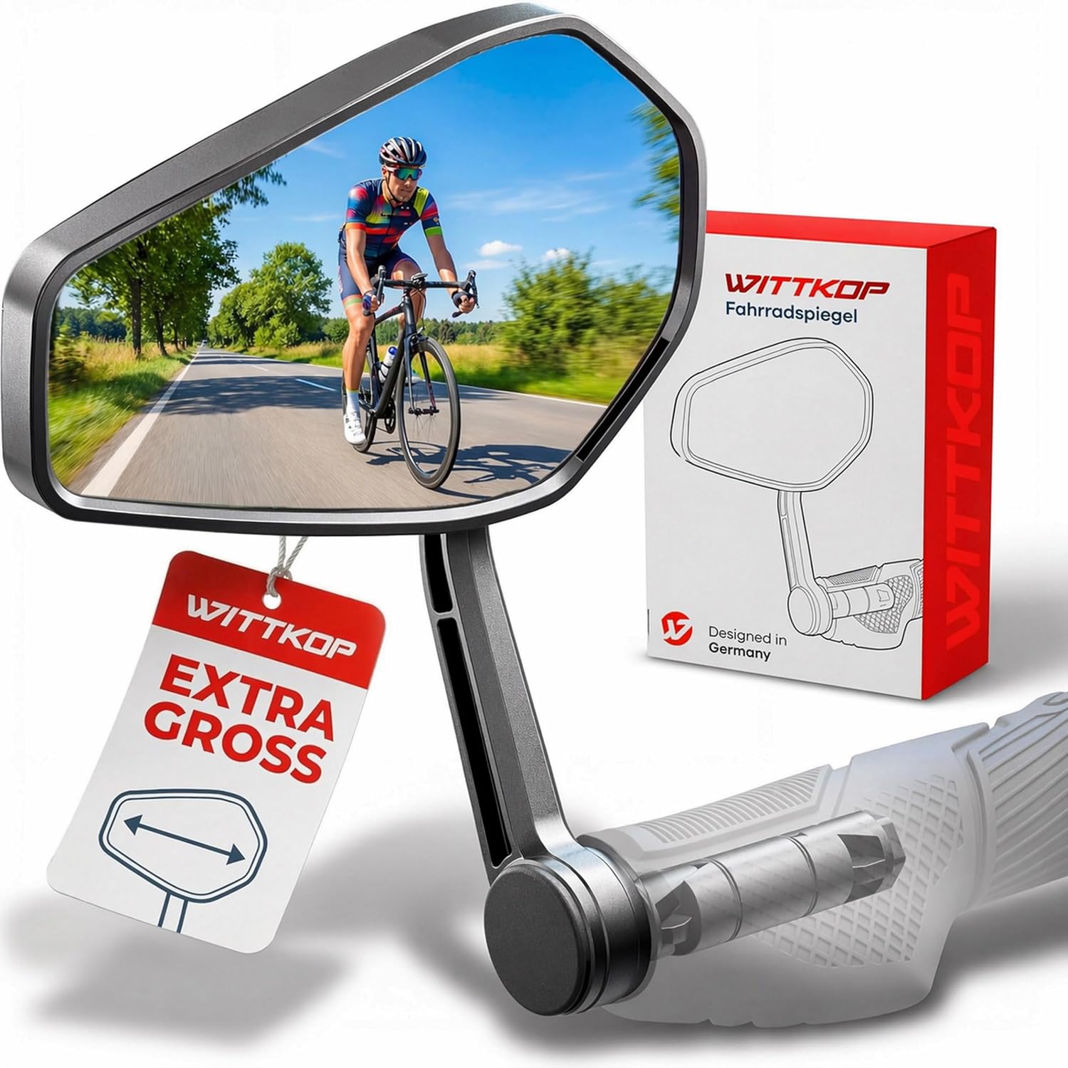 WITTKOP Bicycle Mirror Large HD Field of View 360  Rotatable & Foldable Mounting Top and Below Shatterproof & Durable Convex Rear View Mirror for Bicycle E-Bike Mounting on Steering Edge