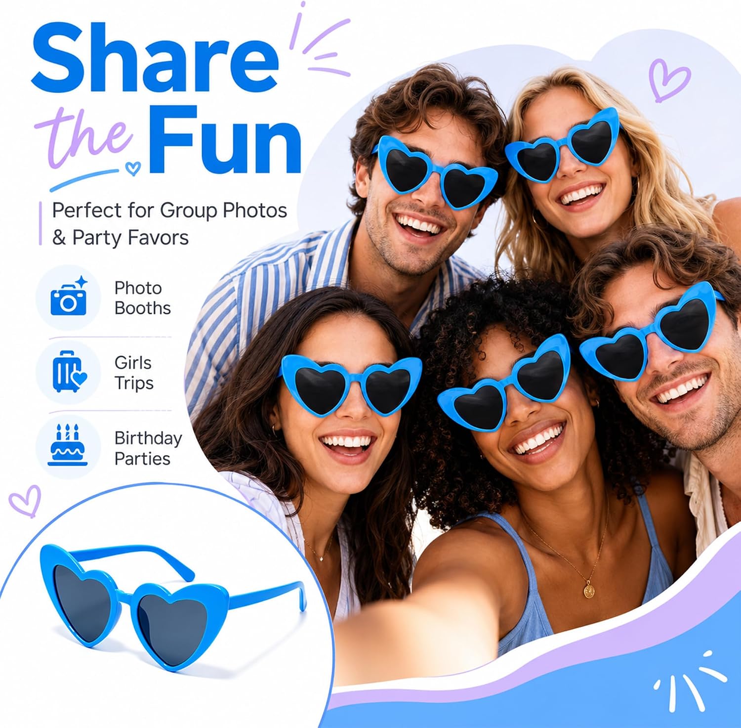 6 Pack Heart Sunglasses - Pink Frame Grey Lens Retro Party Glasses for Adults Men Women for Photo Booth