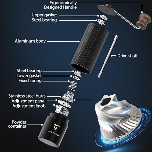 Miniatura 3 de SUNYA Molinillo de café manual con rebabas cónicas de acero inoxidable. Molino de grano de café de mano de carcasa de aluminio con ajustes