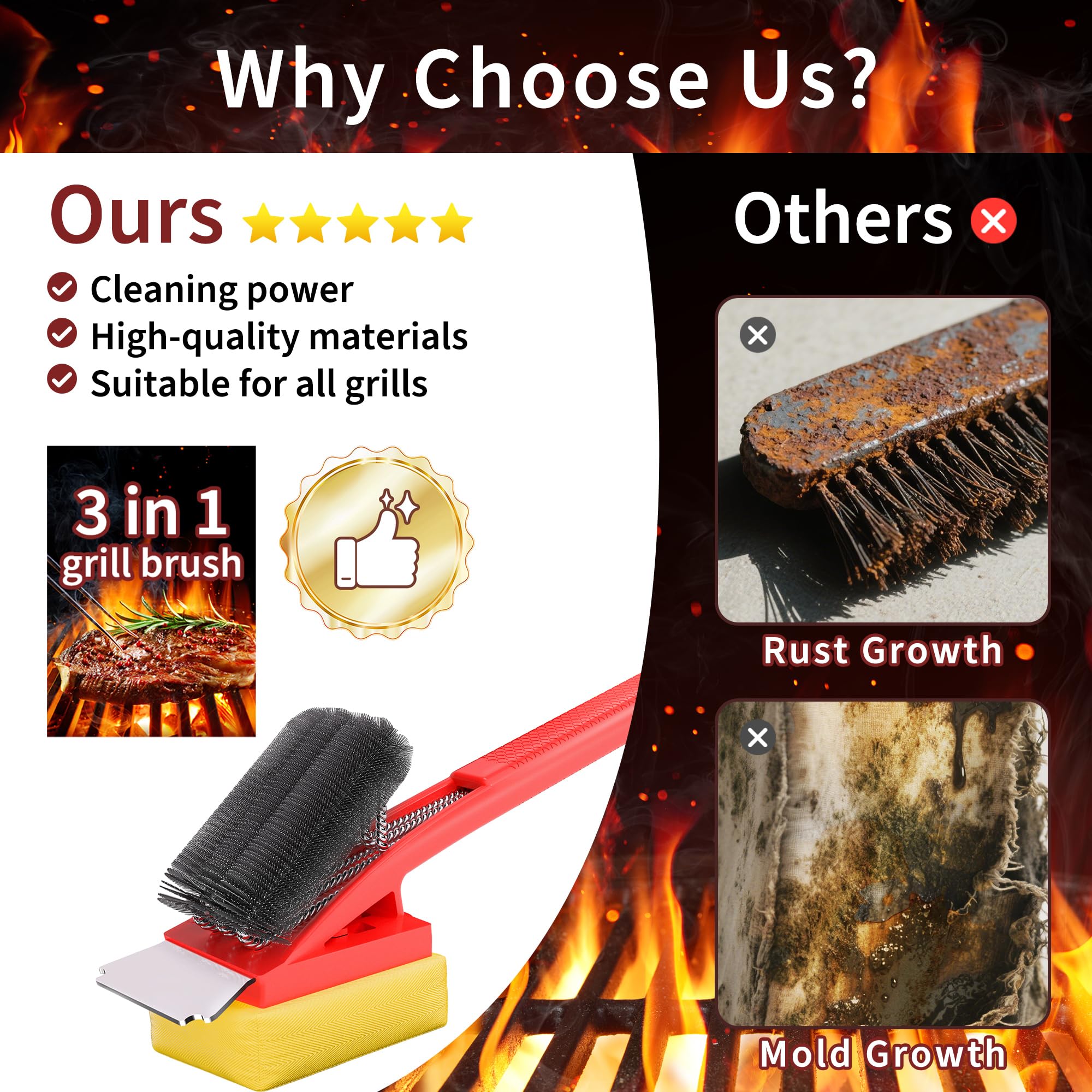 Cepillo para parrilla con raspador, diseño de doble cabeza con esponja y cerdas de alambre, mango antideslizante, limpiador de barbacoa 2 en 1 para parrillas de gas y carbón, rojo