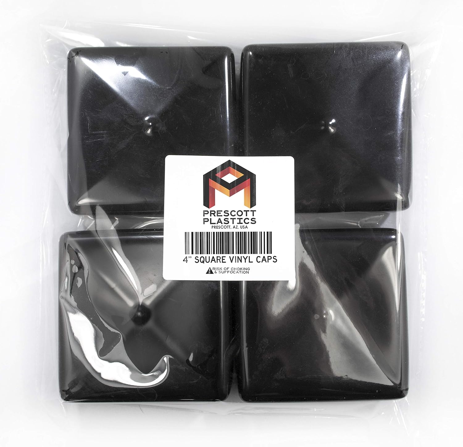 Prescott Plastics 8 Pack: Square Black Vinyl End Cap, Flexible Pipe Post Rubber Cover (4" (4.0"))