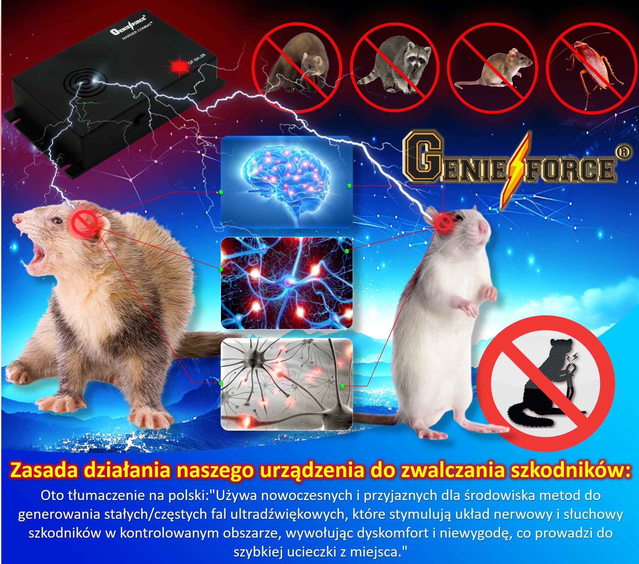 Genieforce® GF-SK-2R odstraszacz kun, zasilany bateriami, ultradźwiękowy odstraszacz kun, mobilna ochrona samochodu, domu, ogrodu, na strych; GF-SK-2R