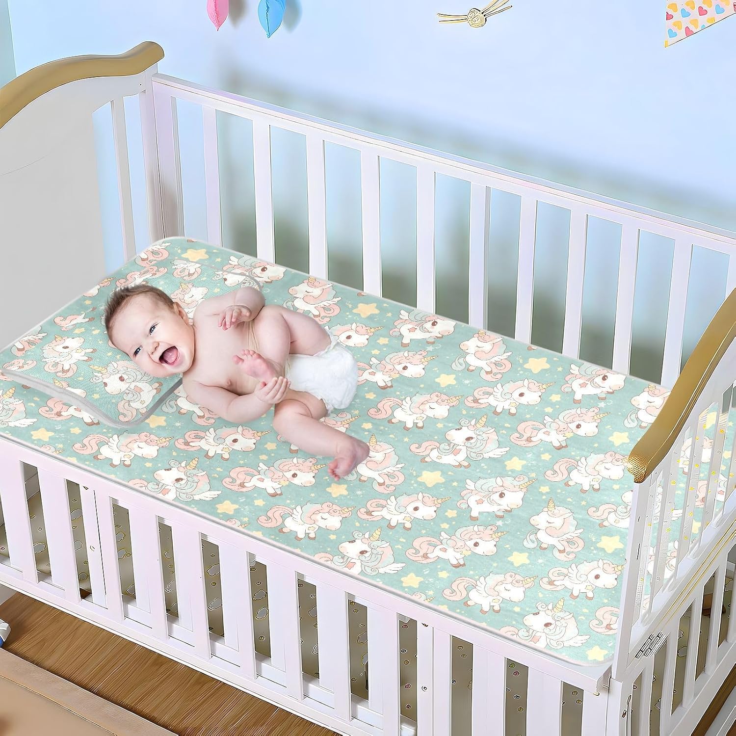 Cooling Baby Play Mattress 28" x 52" Breathable Dreamy Unicorns Pee Pads for Baby&Toddler