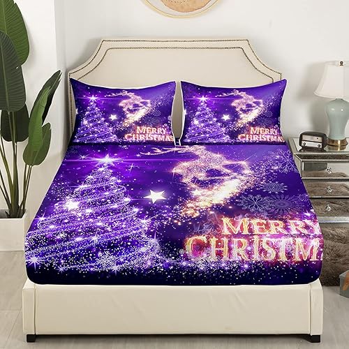 Miniatura 4 de jejeloiu Juego de sábanas de Navidad con estampado de ciervos de árbol de Navidad, juego de sábanas de Navidad, 1 sábana encimera y 1 sábana bajera