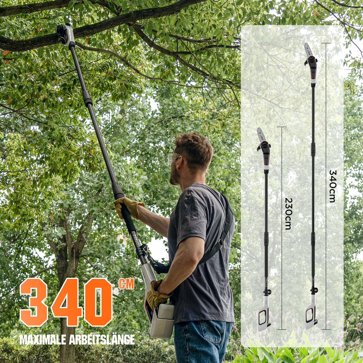 Litheli U20 podadora de pértiga sin cable, podadora eléctrica sin cable de 8'', podadora de árboles a batería con velocidad de corte de 9M/s y batería de 10000mAh para cortar ramas, recortar, podar