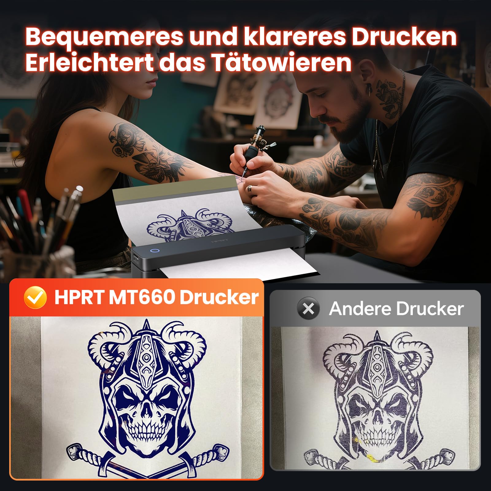 HPRT Tragbarer Bluetooth-Thermo-Tattoo-Aufkleber – Kabelloser Tattoo-Schablonendrucker mit 10 Blatt Druckpapier, DIY-Temporär-Tattoos für Tätowierer und Anfänger, wiederaufladbar über USB