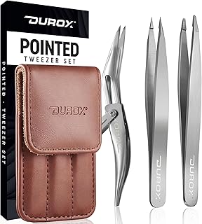 DUROX 3-Piece Tweezer Set — 1.Pointed Ingrown Hair Tweezers, 2.Fine-Tip Splinter Tweezers, 3.Safety Round Tip for Facial & Chin Hair Removal. Made of stainless steel. Protective pouch for safe storage