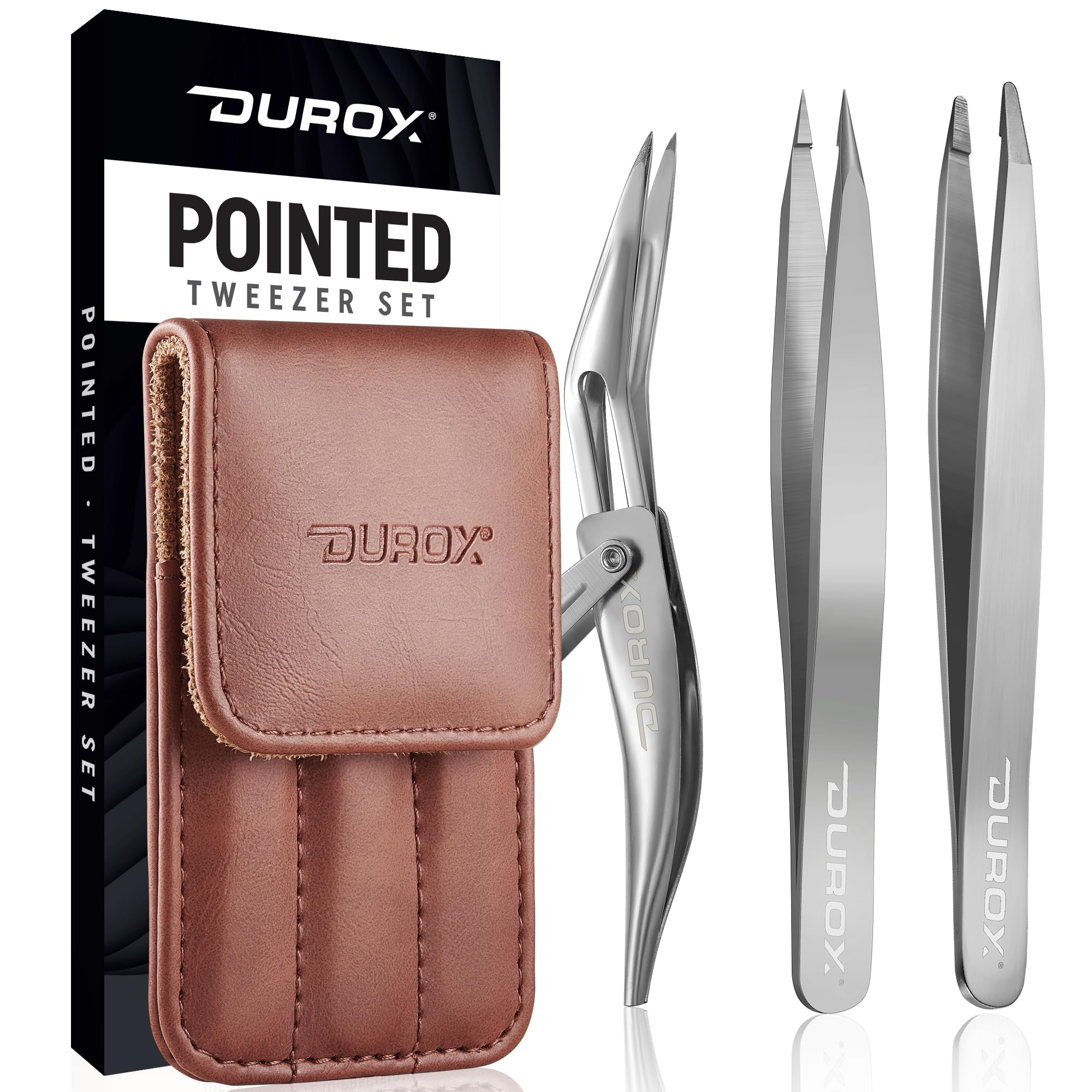 DUROX 3-Piece Tweezers Set for Ingrown Hair & Splinter Removal - 1. Pointed Ingrown Hair Tweezers, 2. Sharp Splinter & Sliver Remover, 3. Blunt Tip