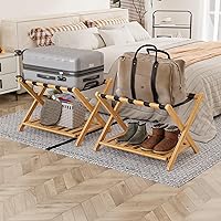 Vista 20 de Portaequipajes de bambú nogal completamente ensamblado con estante para zapatos, soporte plegable para maletas con 5 correas de alta resistencia