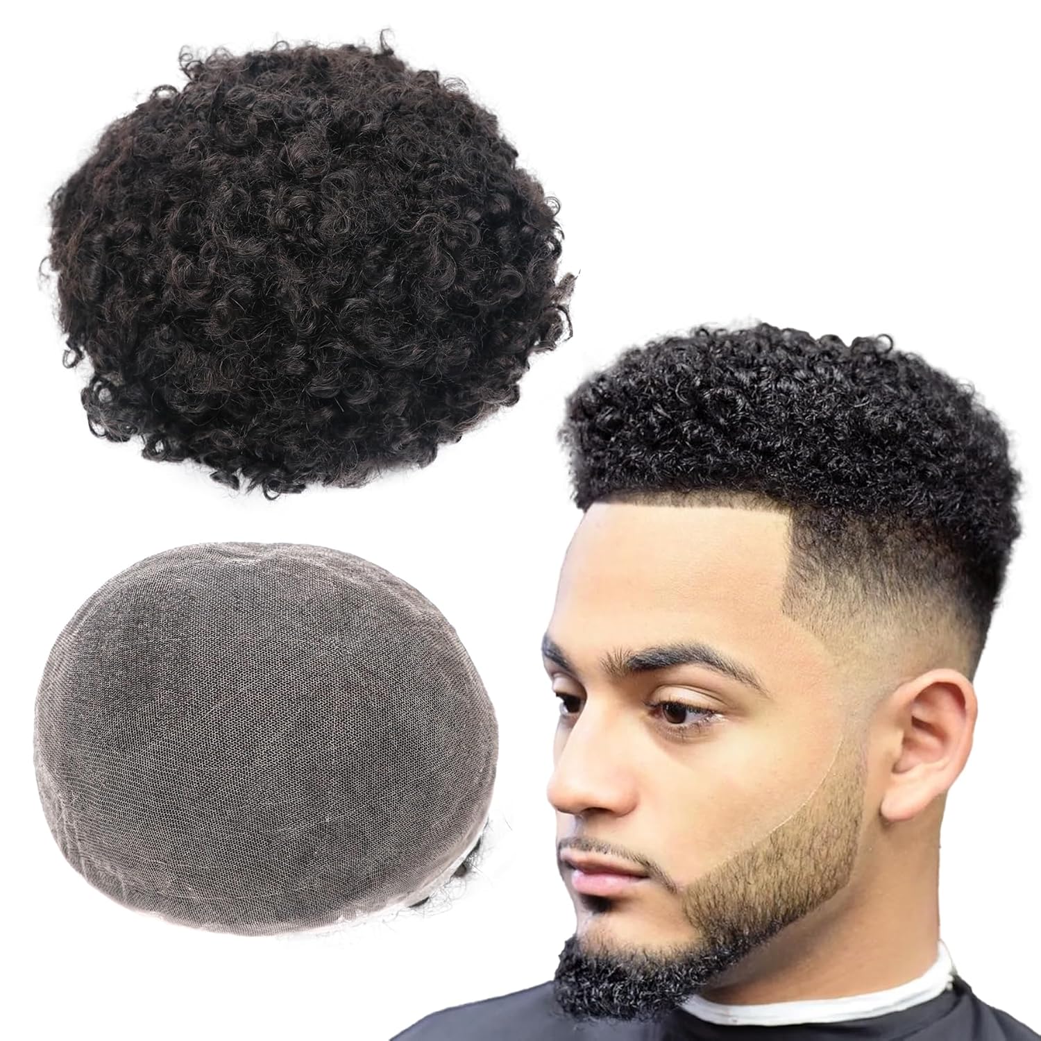 Curly Hair Unit Afro Toupee for Black Men 1B# Short Afro Wig Real Human Hair 6''Curl Taper Fade Mans Weave Lace Hair System Male Curly Hair Topper 8X10'' Full Head Realistic Mans Hair Pieces