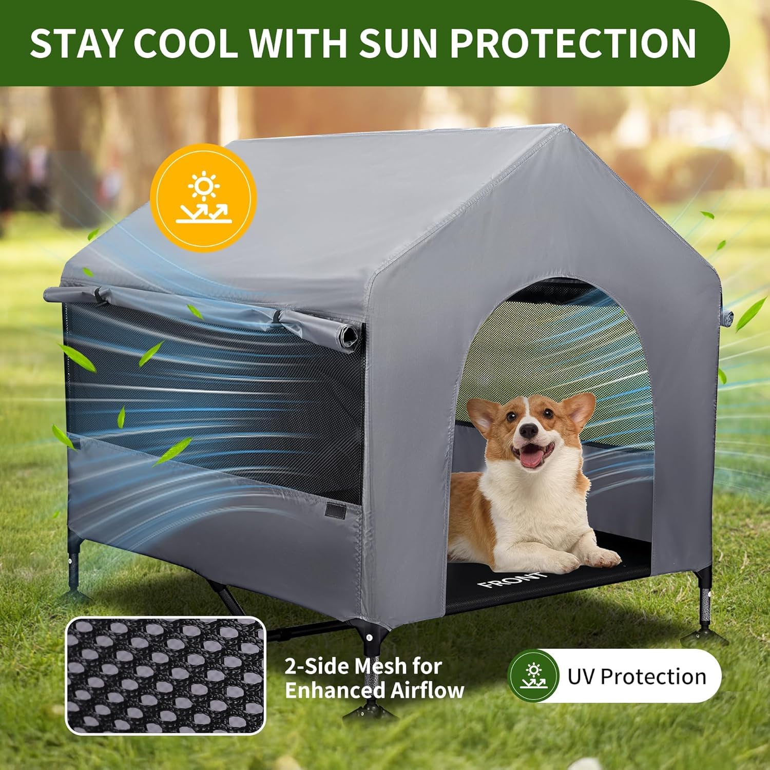 Summertrail 42" Large Dog House Outdoor Indoor with Breathable Mesh Windows-Elevated Dog Bed Cot Dog Tent Shade Shelter for Large Breeds with Canopy, Weatherproof Dog Kennel for Outside, Easy Clean - image 2