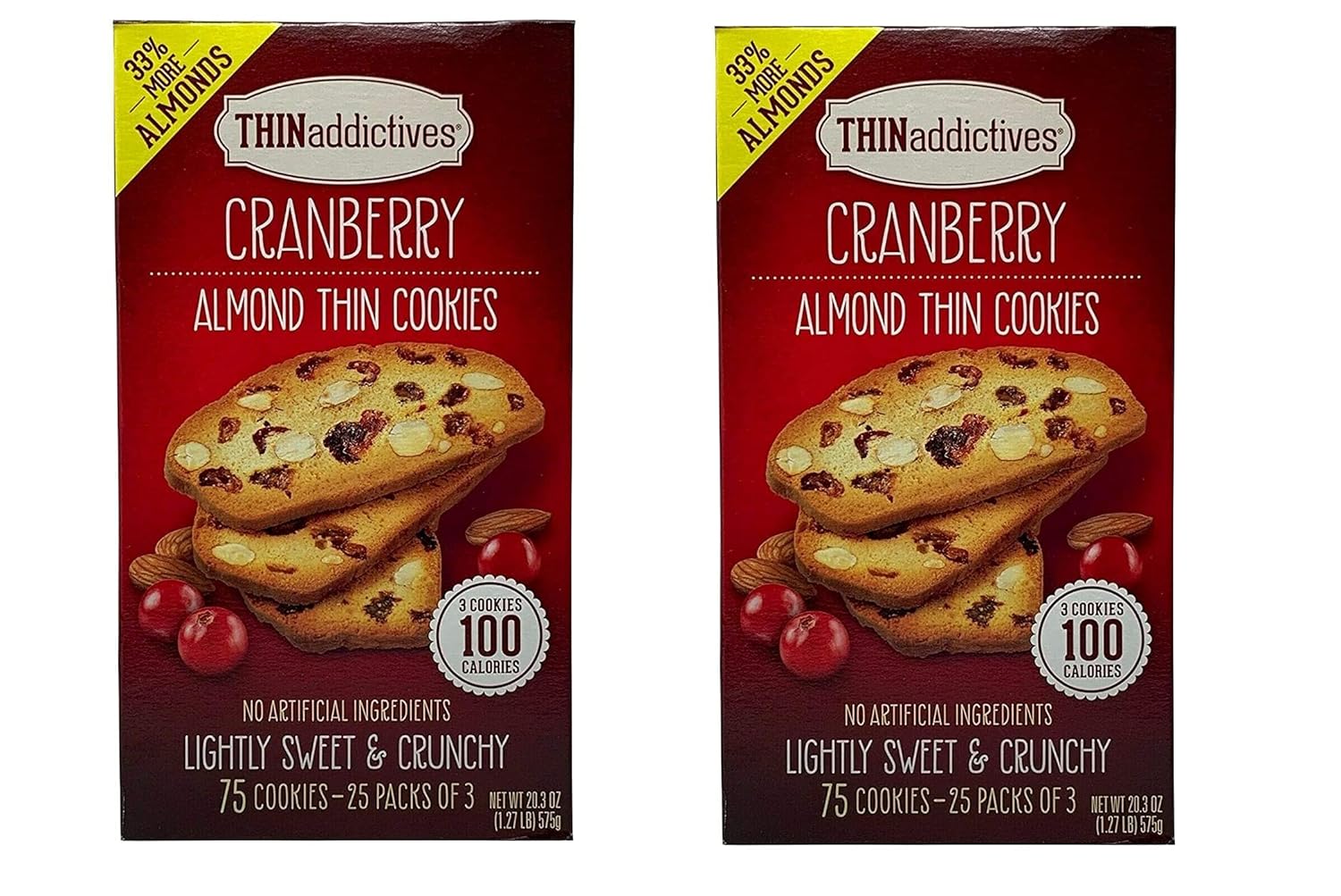 Thin Addictives Cranberry Almond Thin Cookies (33% More Almonds) 2 bxs. x 1.27 lbs (Pack of 2) Two Pack