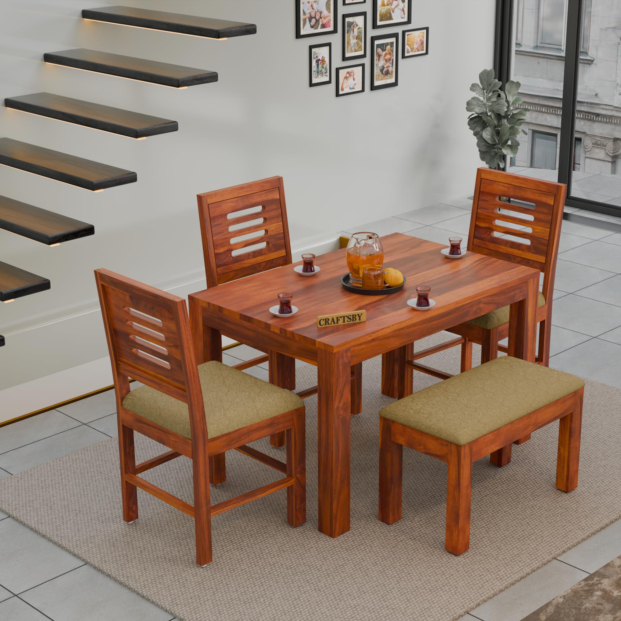 45 Inch Length Solid Sheesham Wood 4 Seater Dining Table Set | Four Seater Dinner Table with 3 Cushions Chairs & 1 Bench | Dinning Table Set 4 Seater for Living Room | Honey Finish-image-39