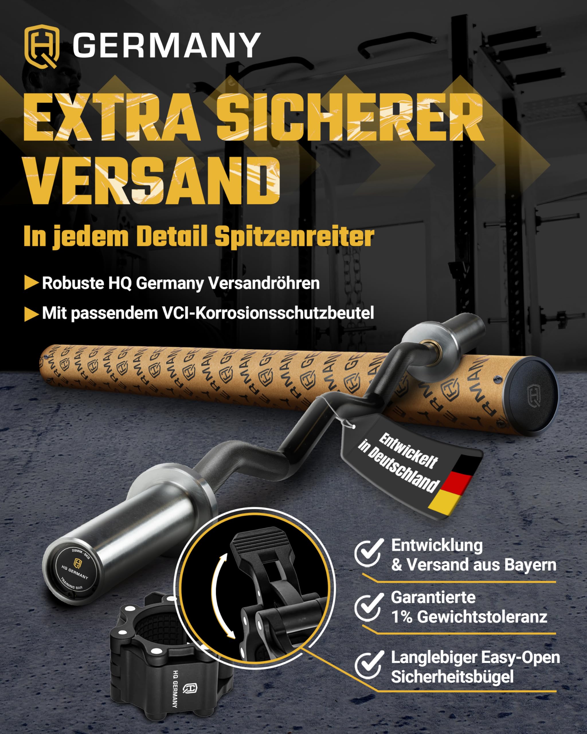 HQ Germany® SZ-Stange 50mm [Performance-Line] - Curl-Stange 50mm | Nadel statt Gleitlager, hartverchromte Sleeves, schwarz verchromter Schaft, 50mm Aufnahme, bis 250kg belastbar