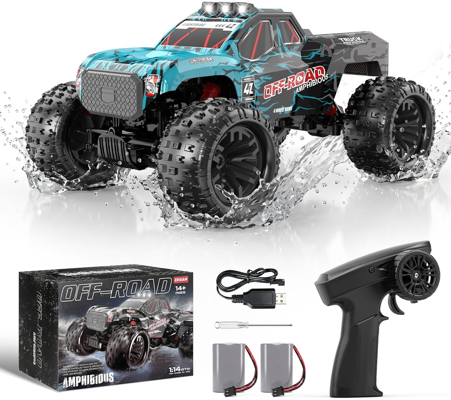 YESHIN Amphibienfahrzeug Ferngesteuertes Auto 1:14, 4WD RC Auto Geländewagen mit Licht &amp; 2 Akkus, 2,4GHz Monstertruck Geschenk für Kinder Erwachsene Spielzeugauto für Sand, Wasser &amp; Gelände