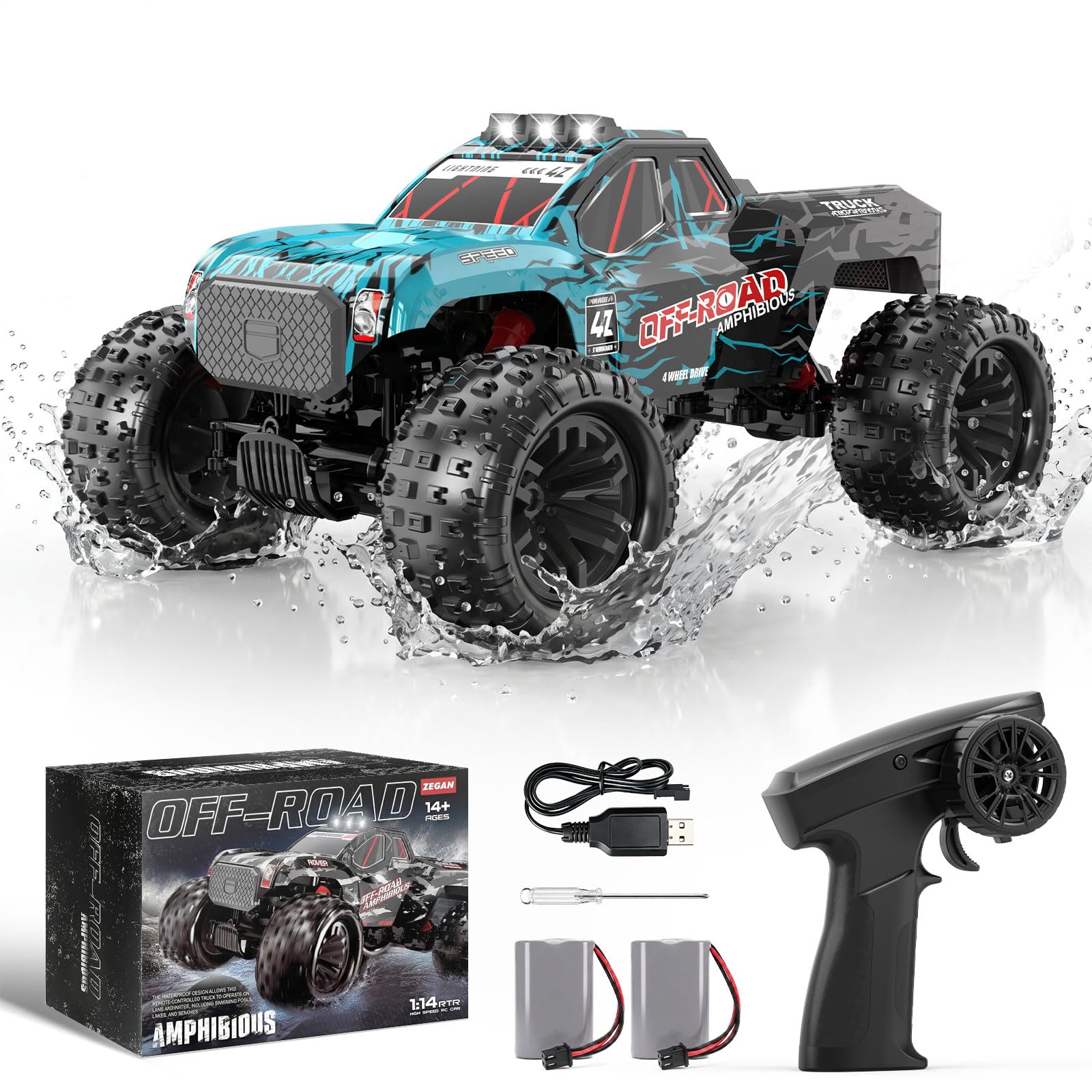 YESHIN Amphibienfahrzeug Ferngesteuertes Auto 1:14, 4WD RC Auto Geländewagen mit Licht & 2 Akkus, 2,4GHz Monstertruck Geschenk für Kinder Erwachsene Spielzeugauto für Sand, Wasser & Gelände