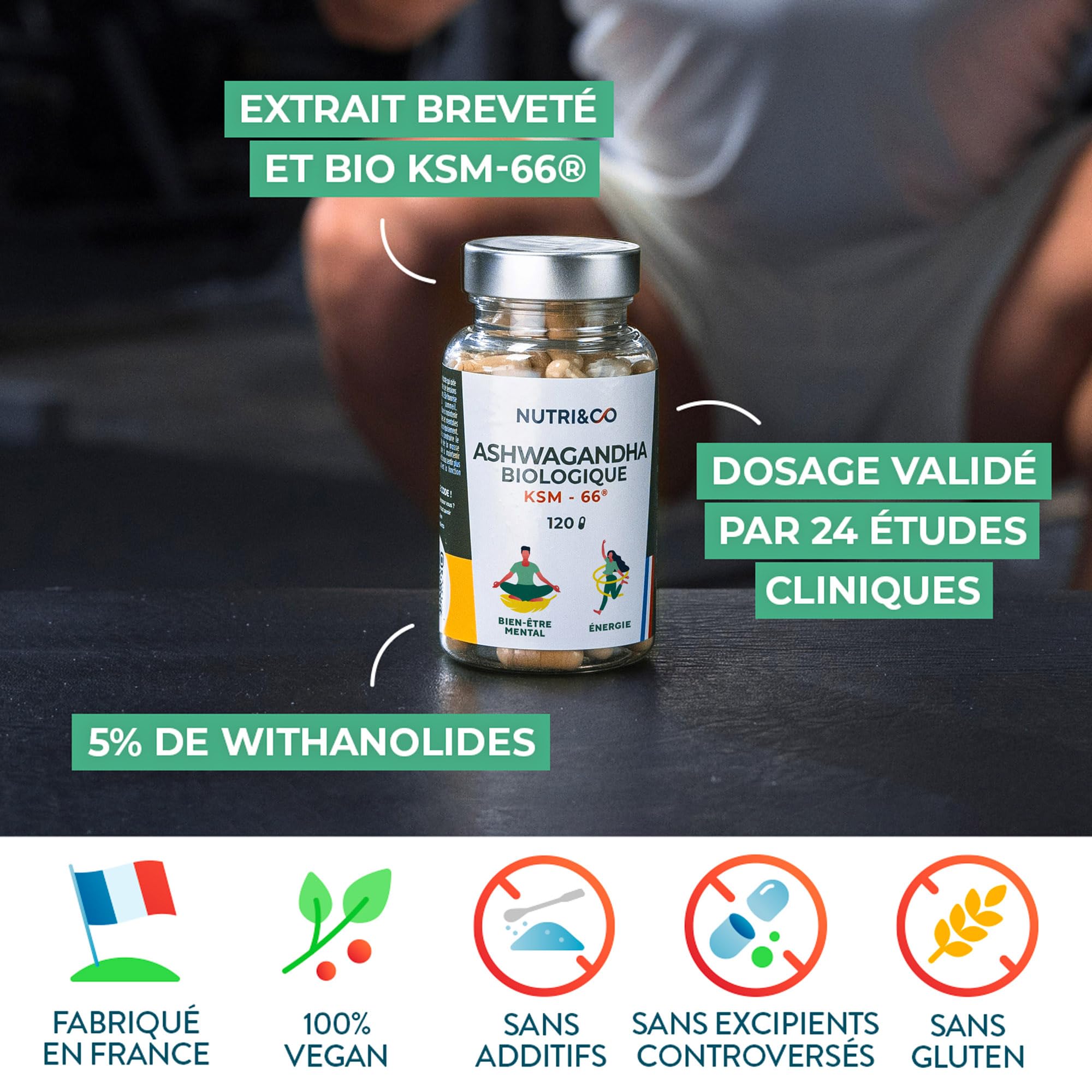 NUTRI & CO Ashwagandha BIO KSM-66® Breveté - Extra Fort 1200mg 5% Withanolides - 120 gélules Vegan - Extrait 100% Pur - Fabriqué en France